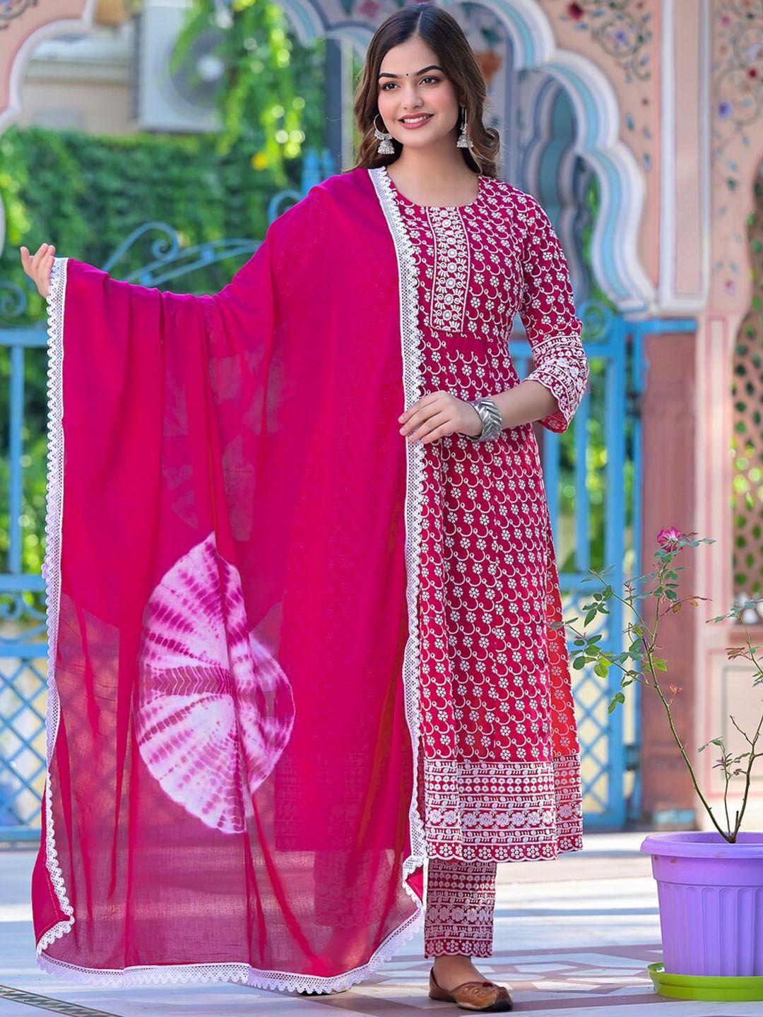 chandbaali women floral embroidered regular chikankari pure cotton kurta with trousers & with dupatta