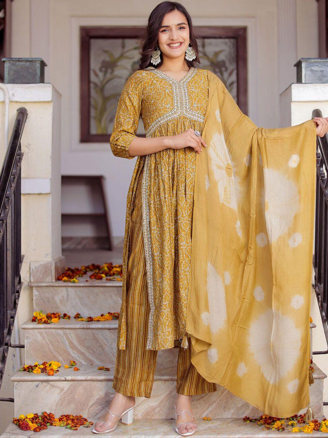 chandbaali women floral printed empire mirror work kurta with pyjamas & with dupatta