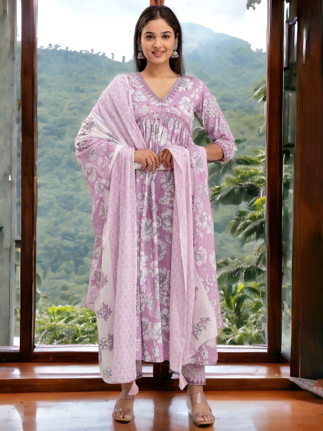 chandbaali women floral printed empire mirror work pure cotton kurta with trousers & with dupatta