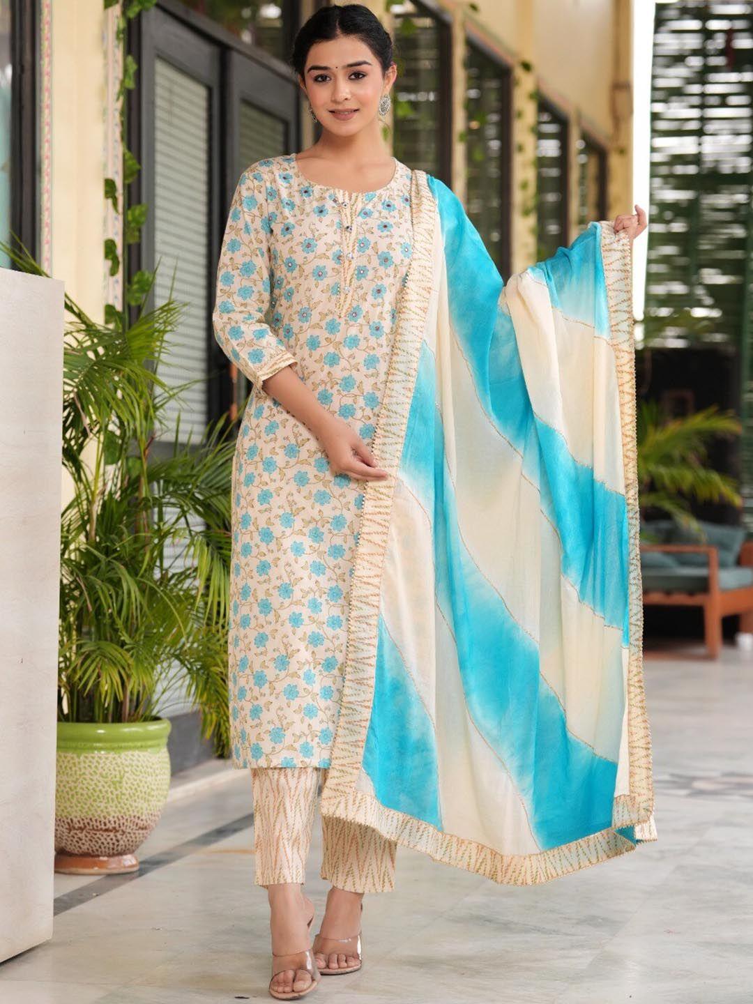 chandbaali women floral printed regular pure cotton kurta with trousers & with dupatta