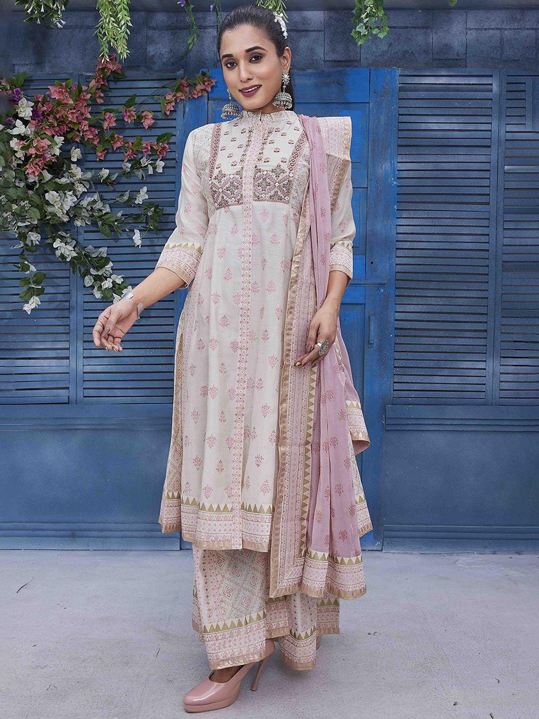 chandbaali women off white embroidered angrakha thread work pure silk kurti with palazzos & with dupatta