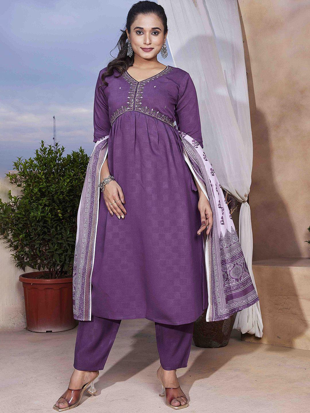 chandbaali women purple embroidered angrakha thread work pure silk kurti with pyjamas & with dupatta