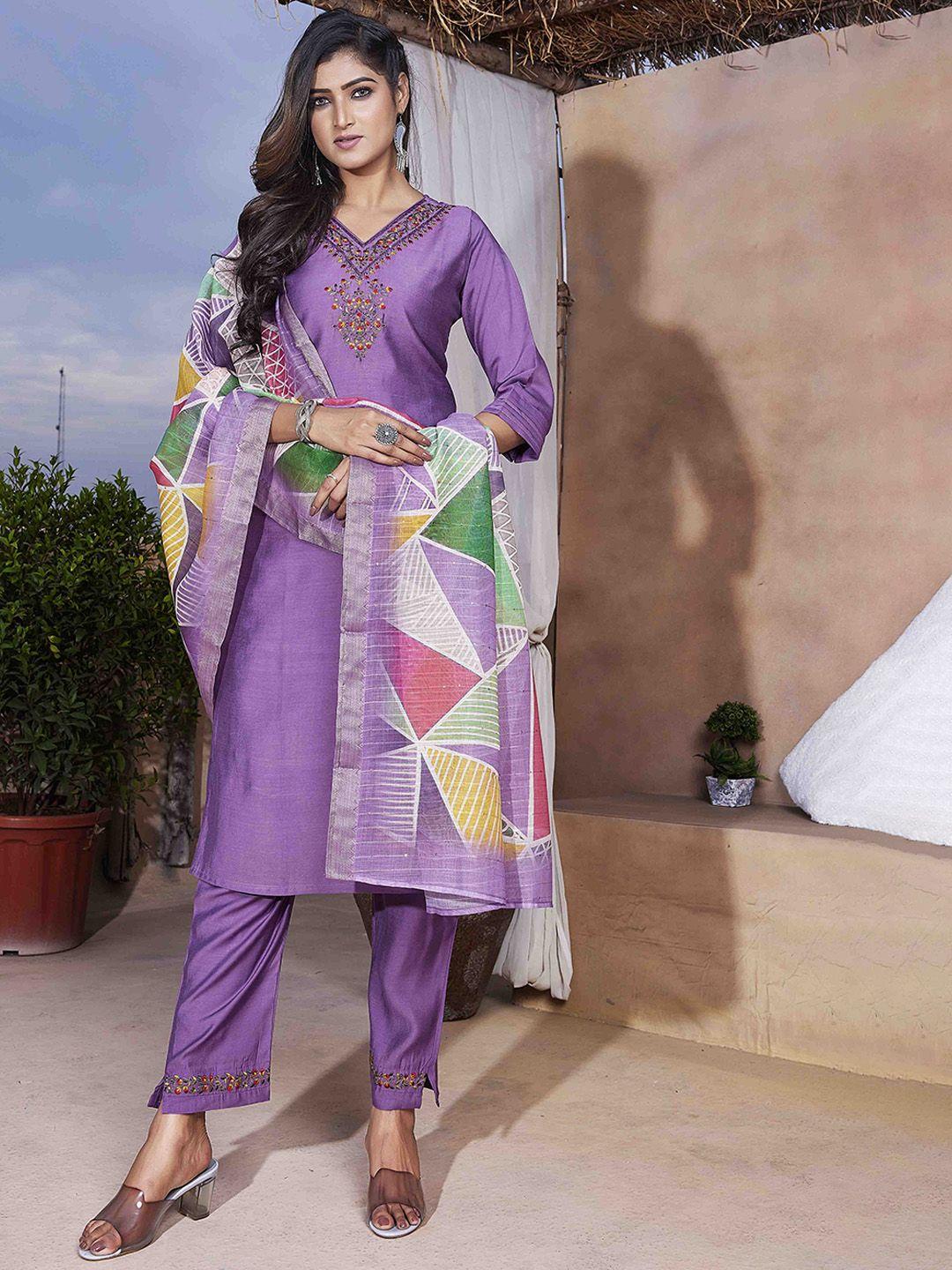 chandbaali women purple embroidered regular thread work pure silk kurti with pyjamas & with dupatta