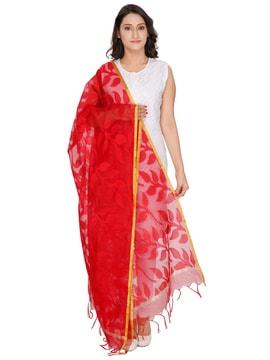 chanderi  leaf print dupatta with tassels