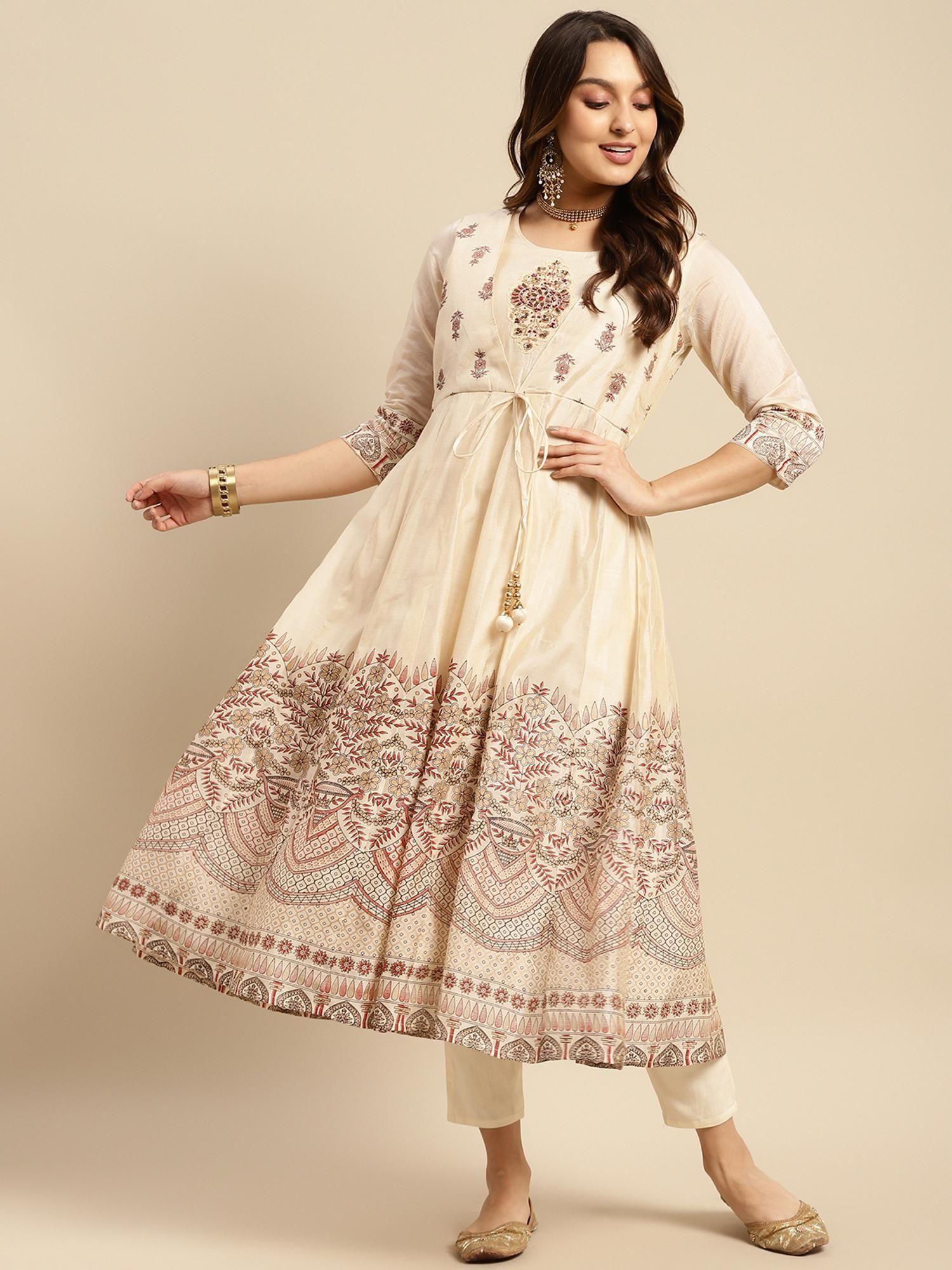 chanderi beige yoke embroidered border printed calf length anarkali kurta