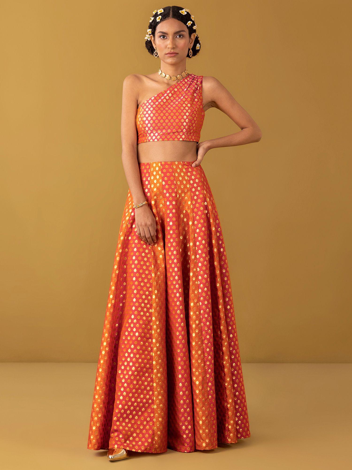 chanderi brocade blouse orange & pink flared skirt (set of 2)