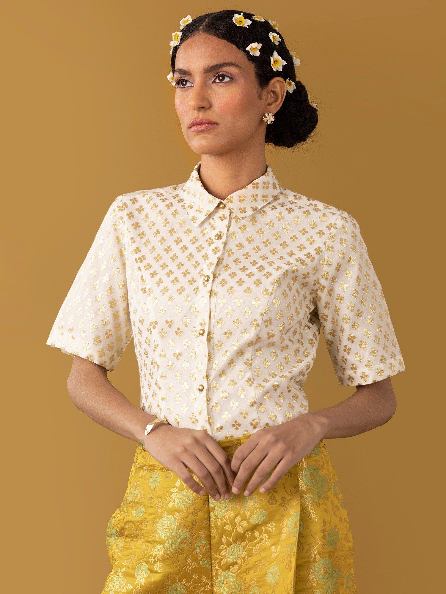 chanderi brocade cropped shirt - off white