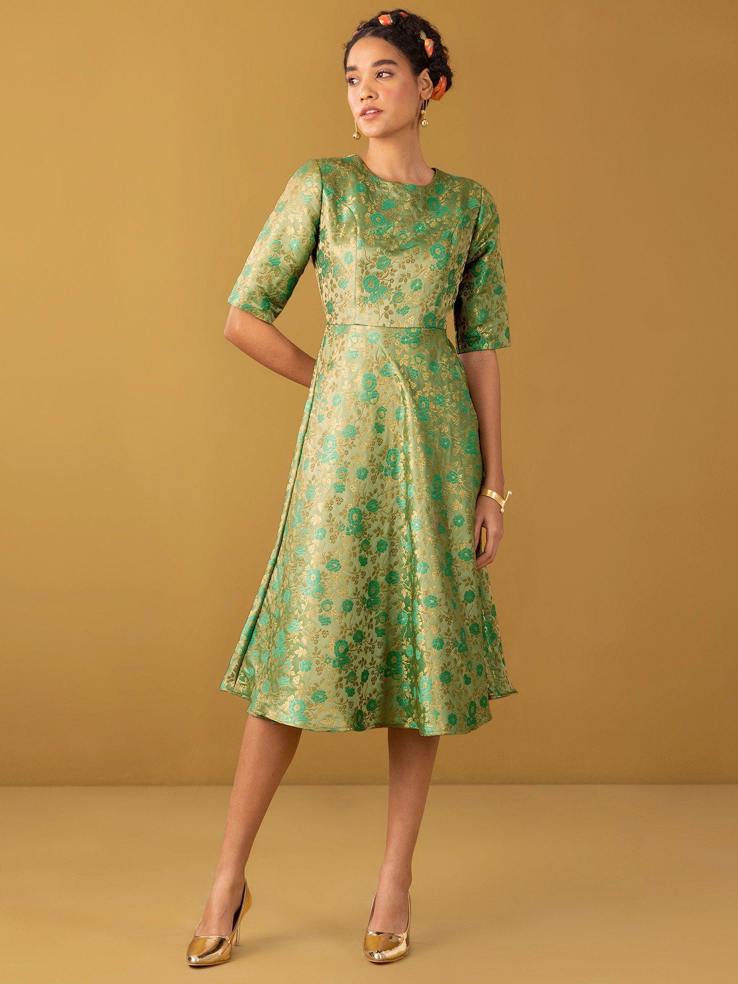 chanderi brocade flared dress - sea green