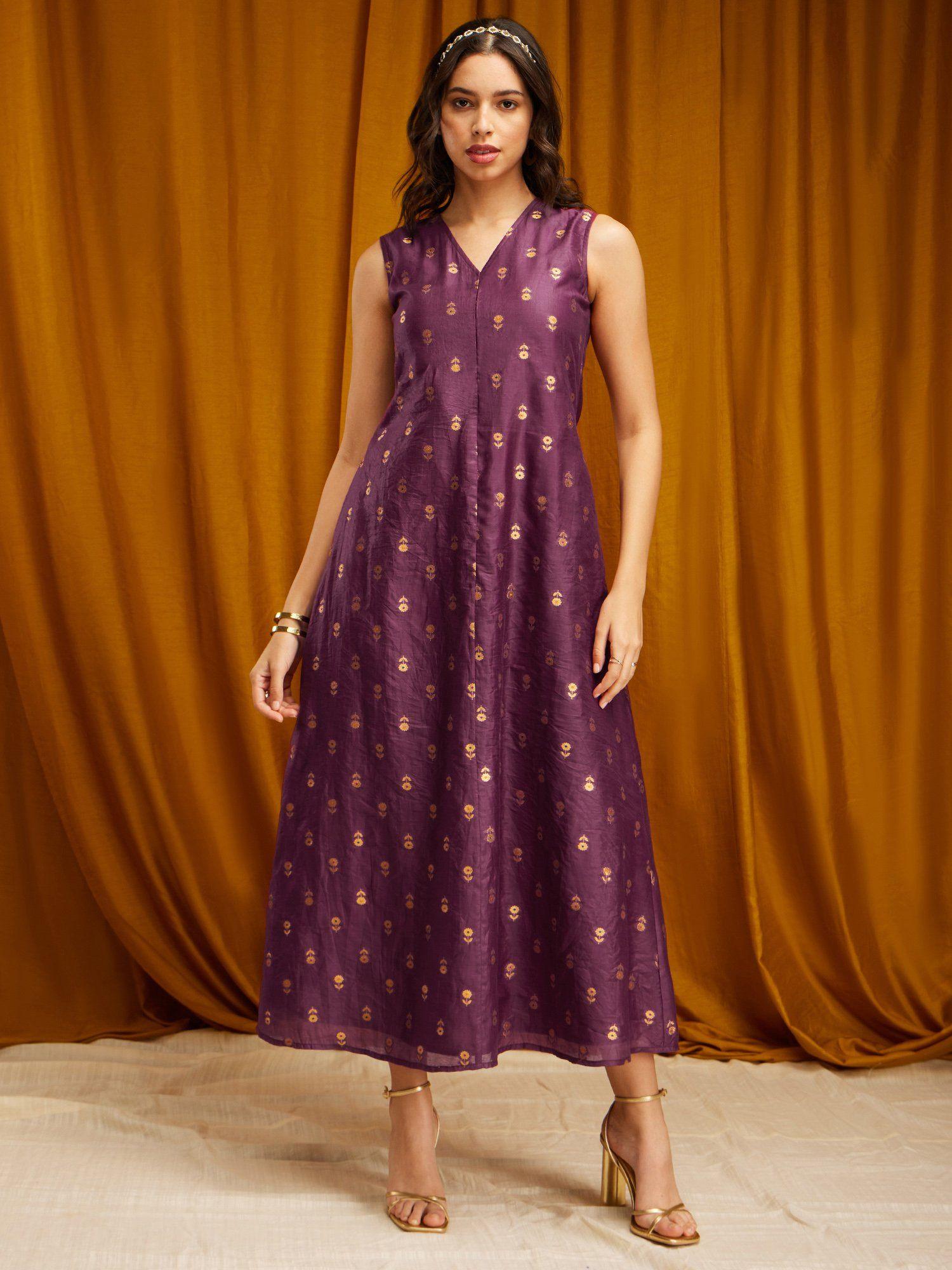 chanderi brocade maxi dress - purple