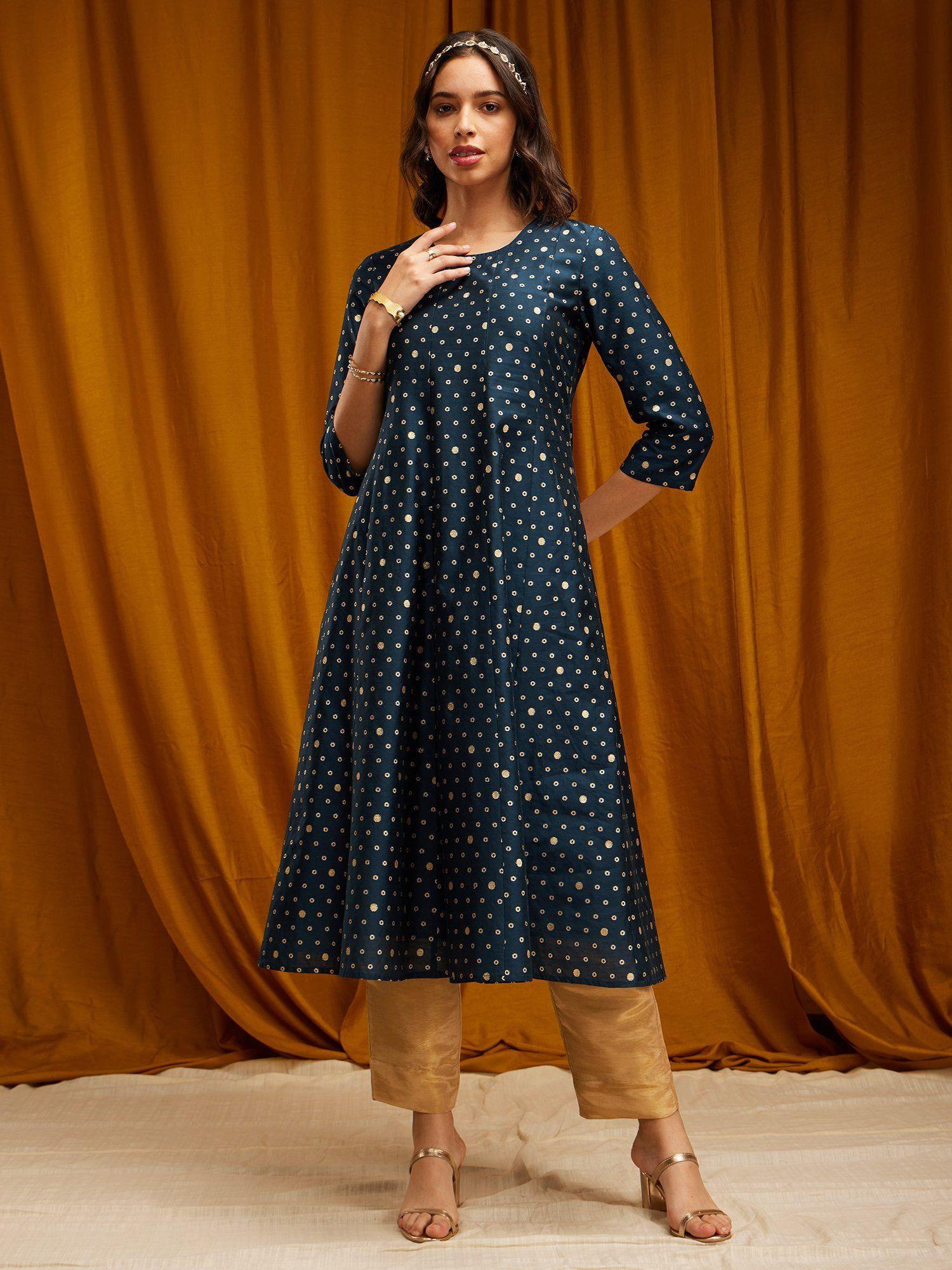 chanderi brocade round neck kurta - teal