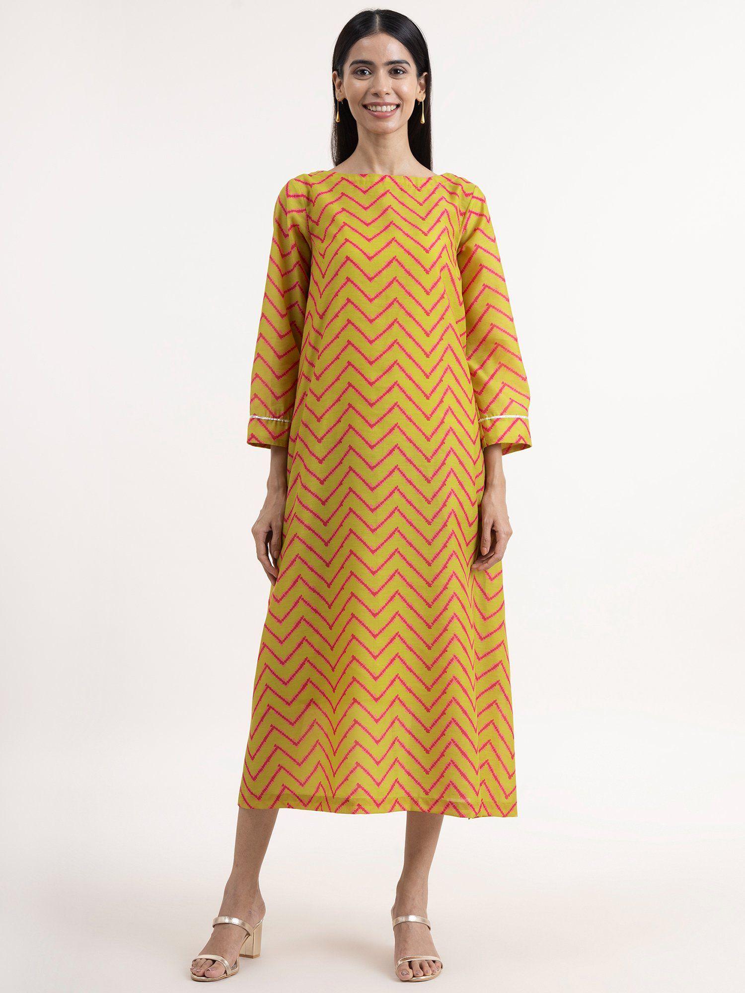 chanderi chevron print dress lime green