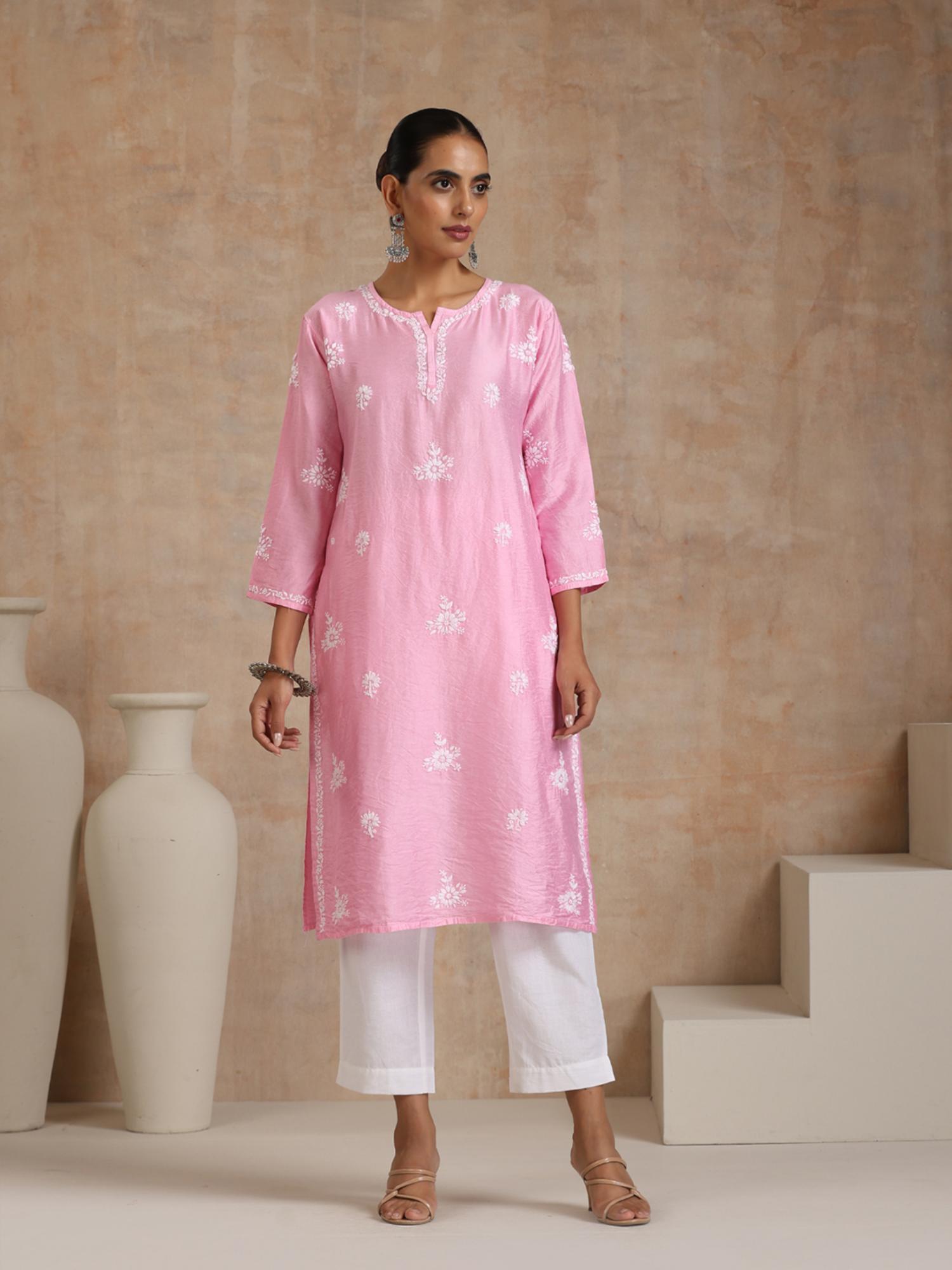 chanderi chikankari solid womens long kurta- pink