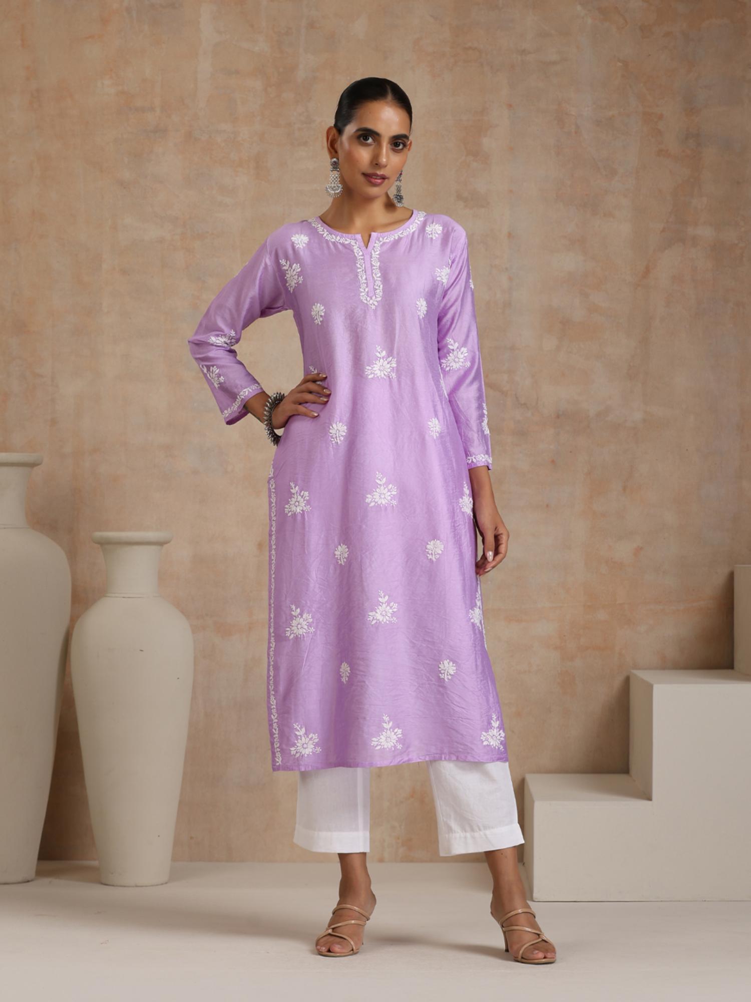 chanderi chikankari solid womens long kurta- purple