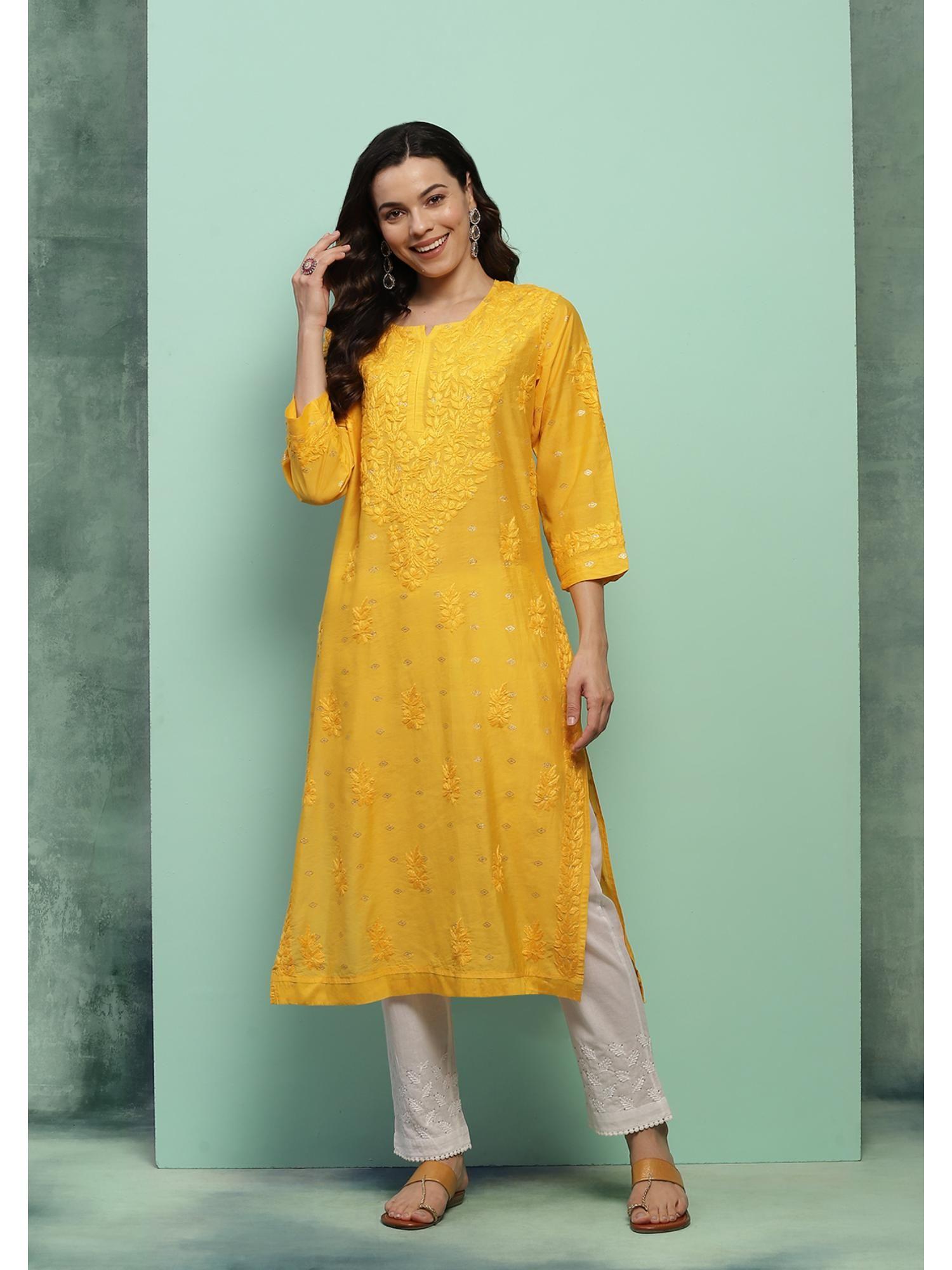 chanderi chikankari solid womens long kurta