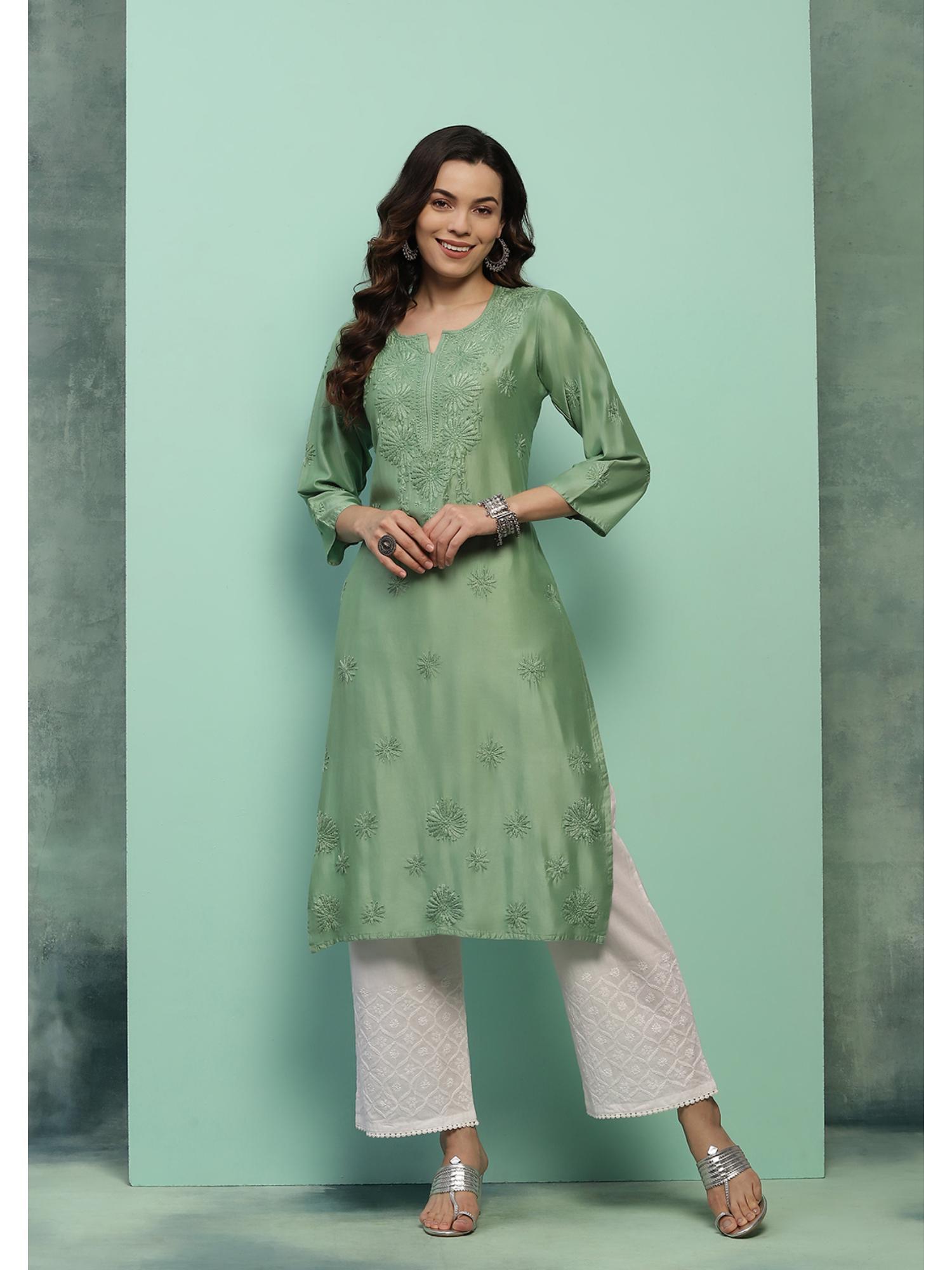 chanderi chikankari solid womens long kurta