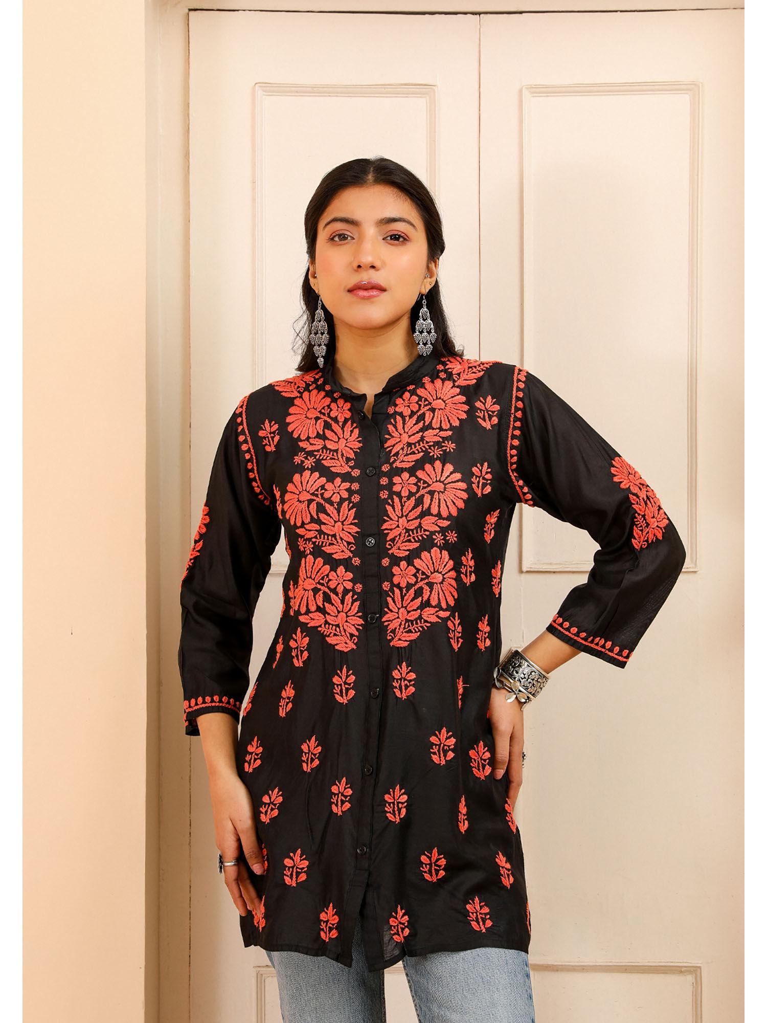 chanderi chikankari womens shirt tunic-orange