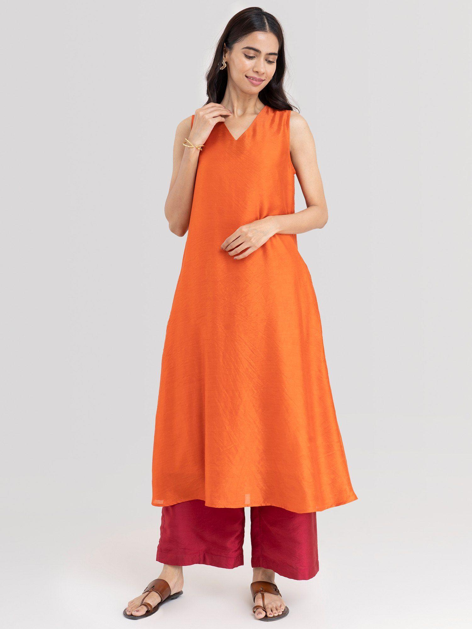 chanderi contrast kurta - orange and pink (set of 2)