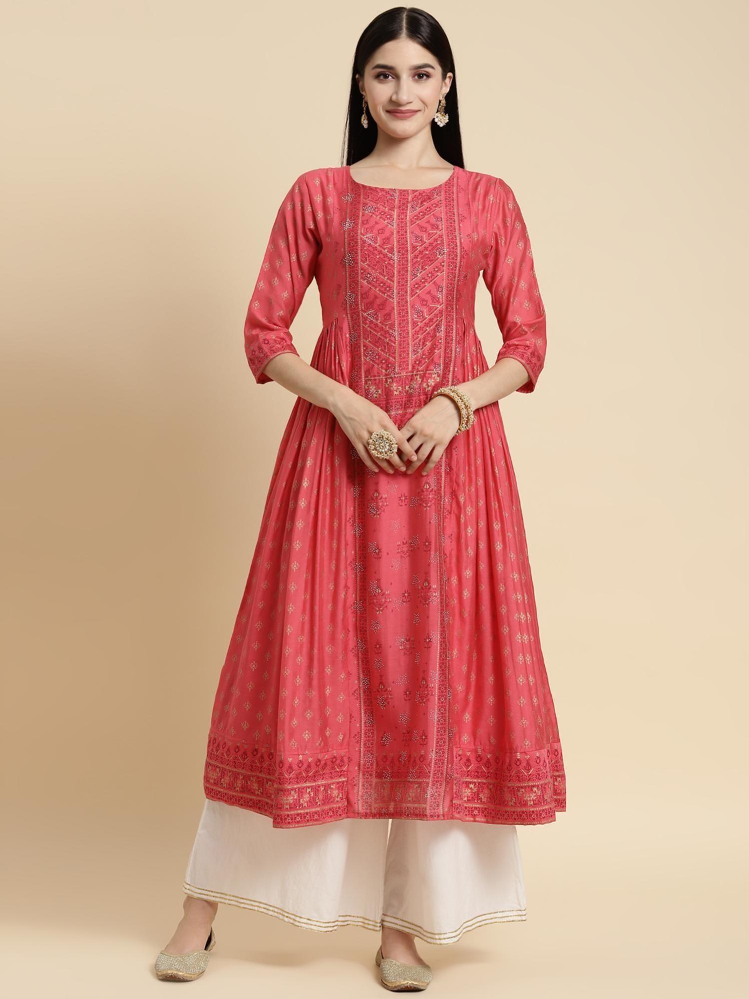 chanderi coral sequin yoke calf length kurta