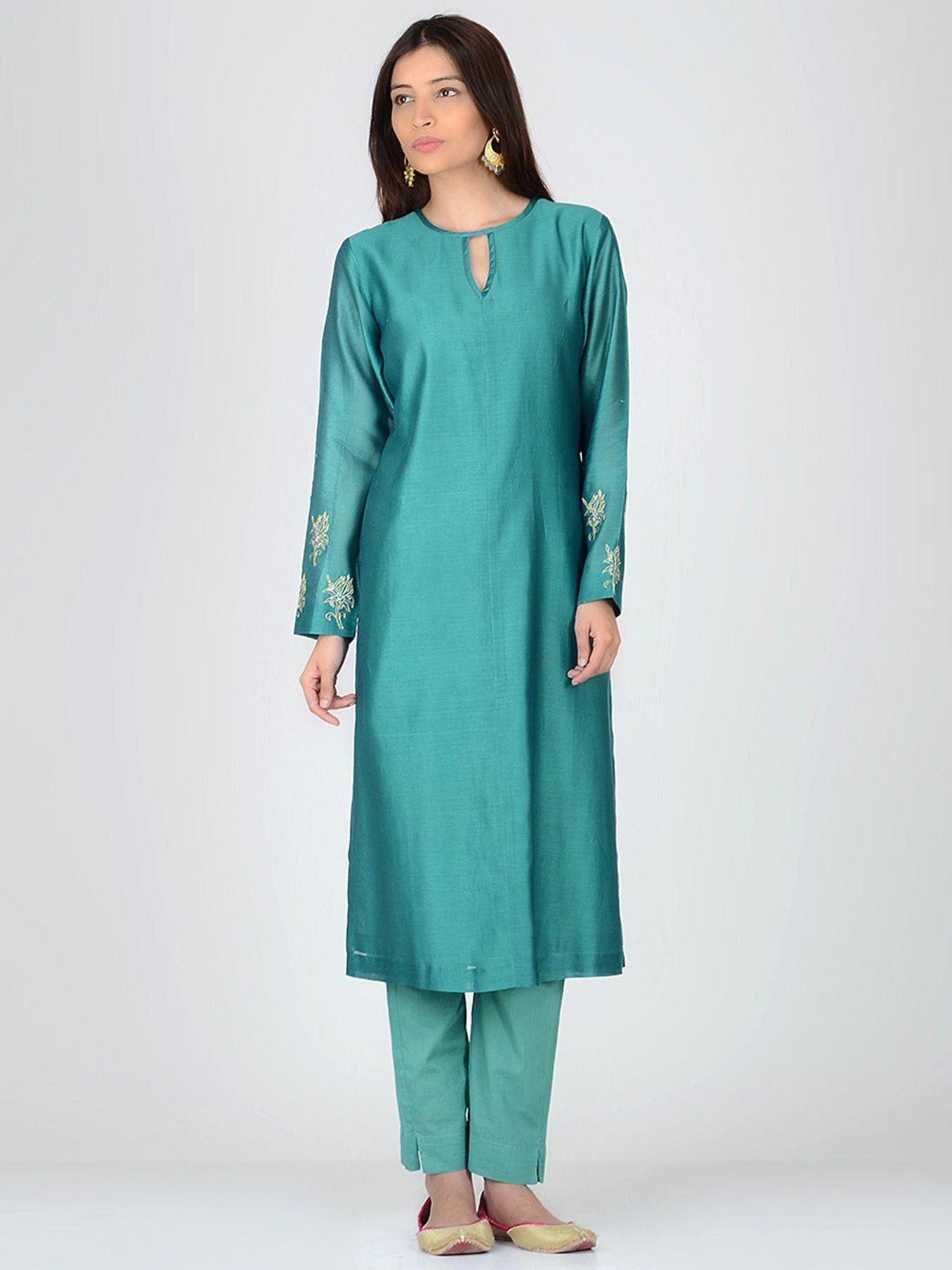 chanderi emerald green chanderi kurta with hand embroidered sleeves