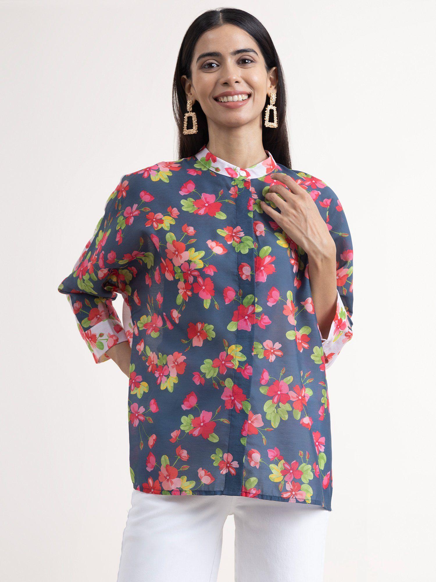 chanderi floral shirt grey and white