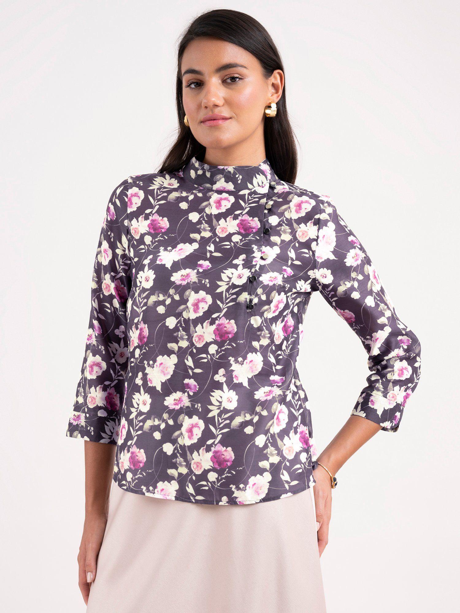 chanderi floral top purple