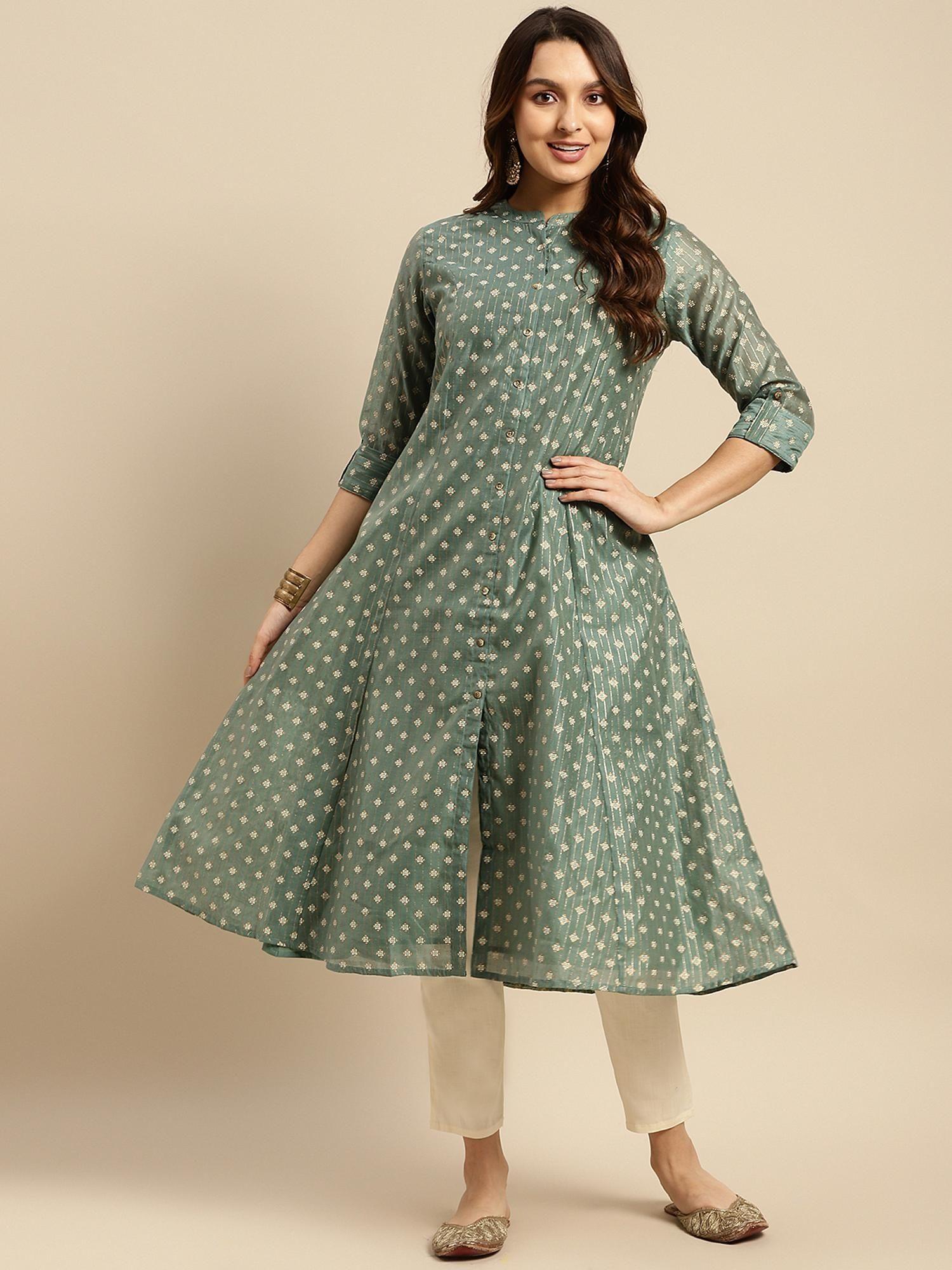 chanderi green self textured calf length kalidar kurta