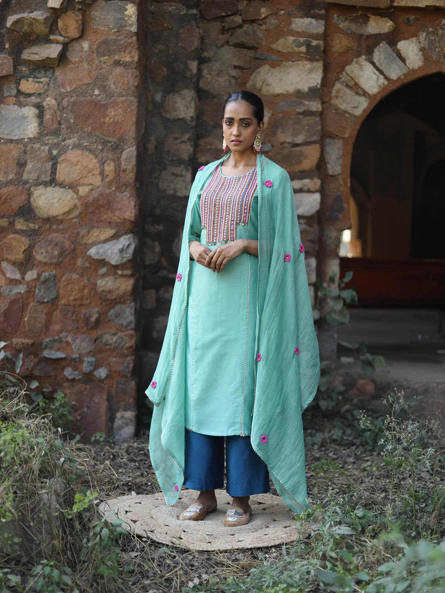 chanderi kurta with pants and dupatta-turquoise (set of 3)