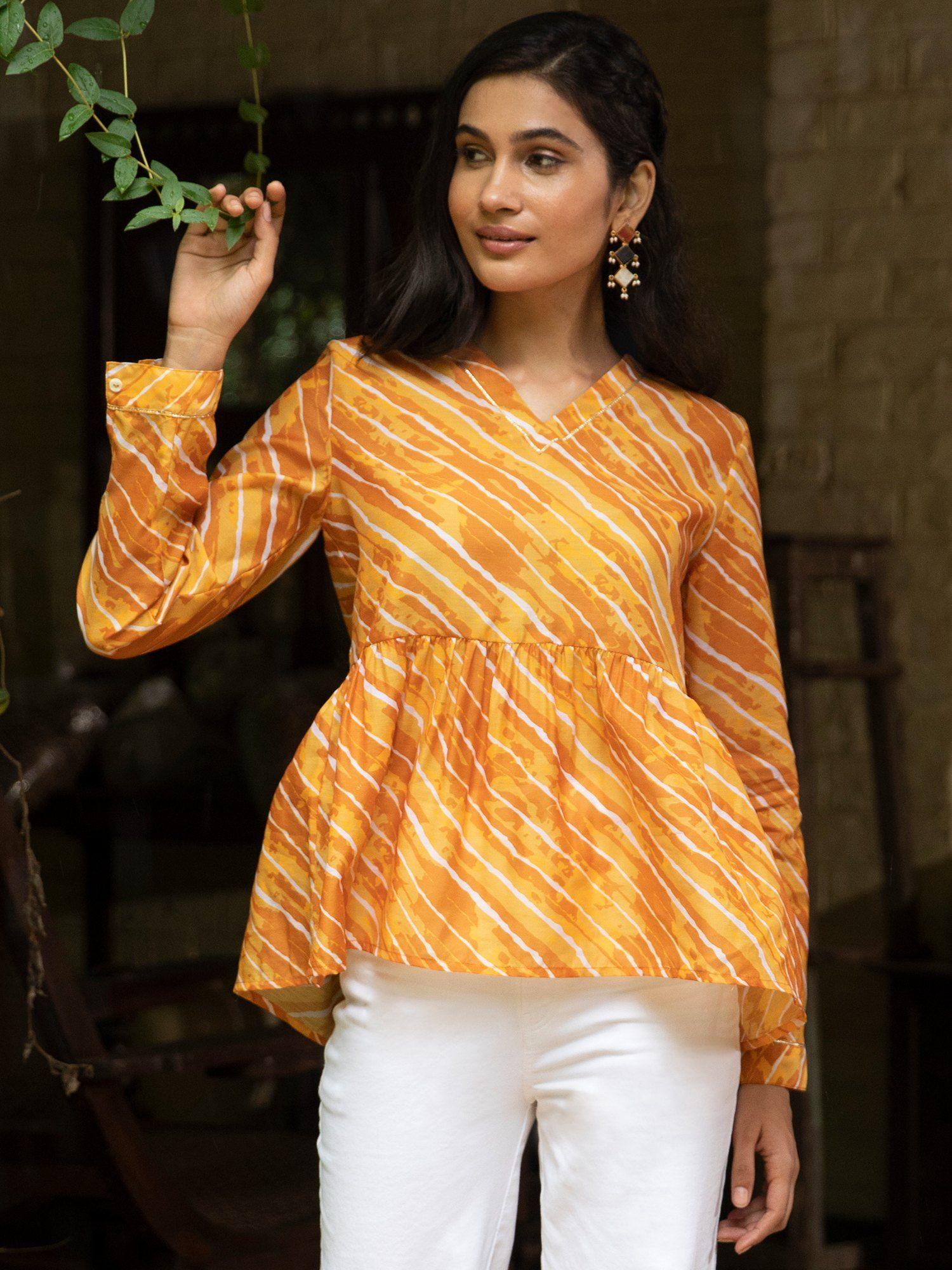 chanderi leheriya peplum top - mustard