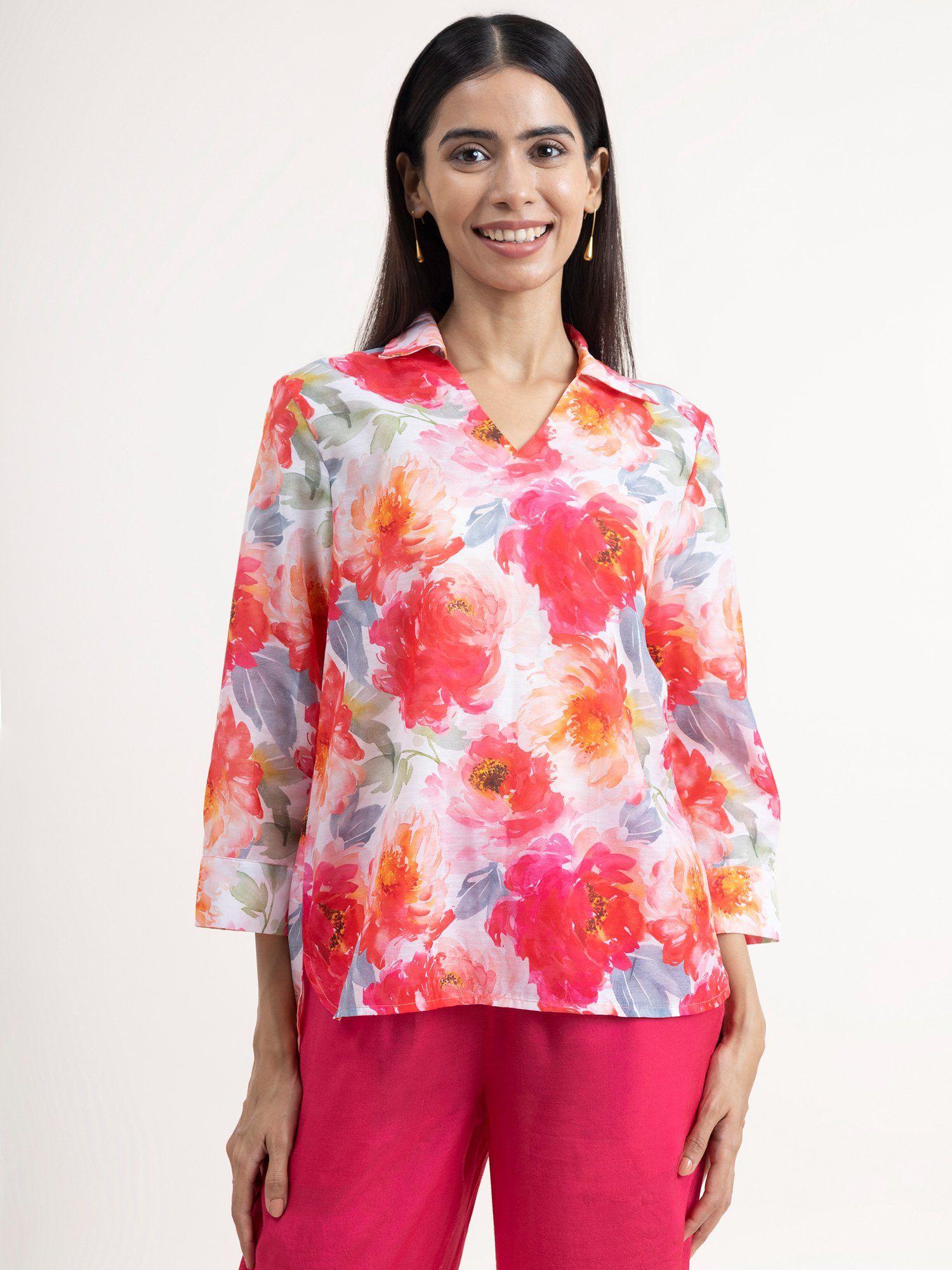 chanderi printed top pink and white