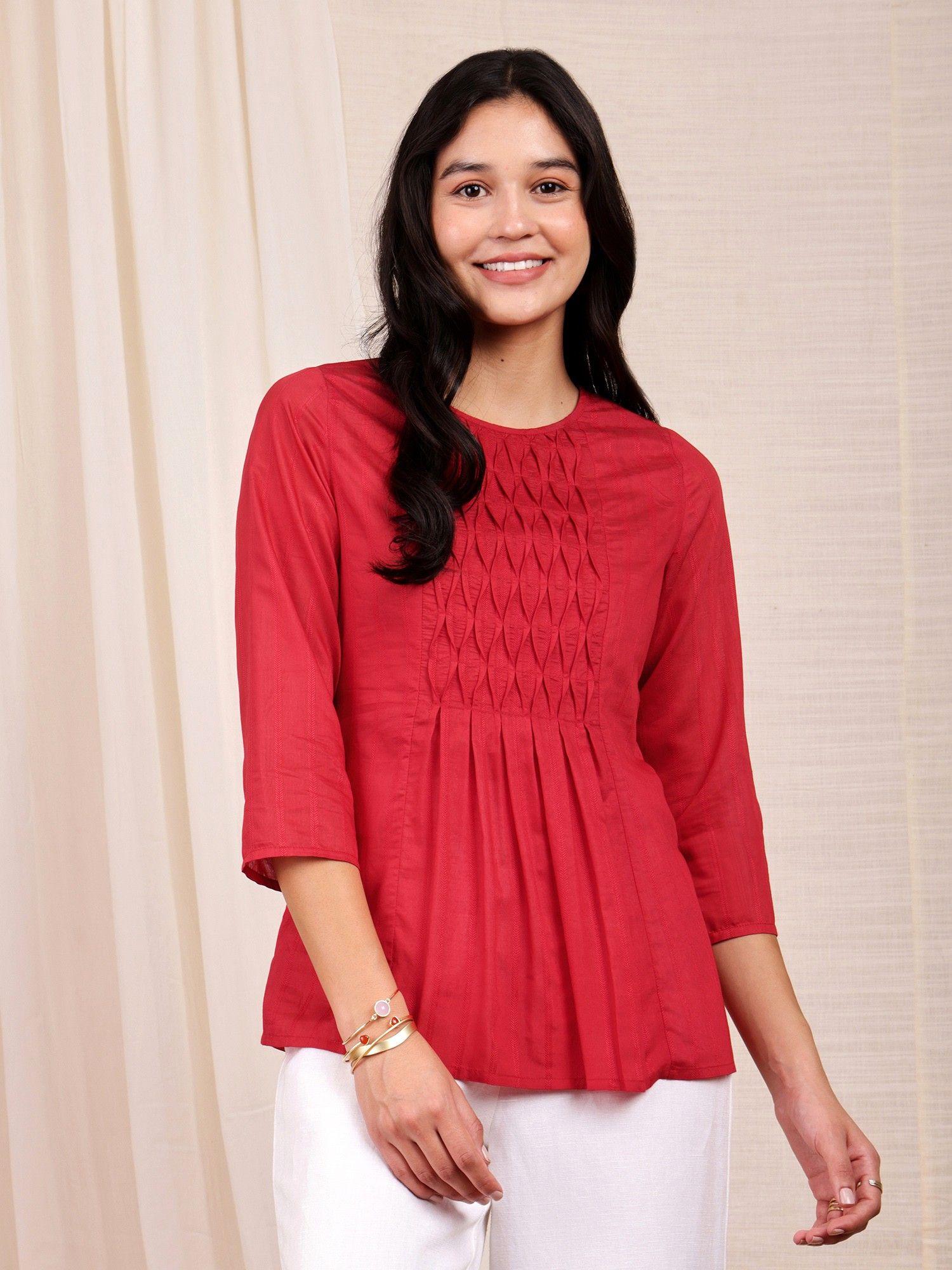 chanderi self design pintuck red top