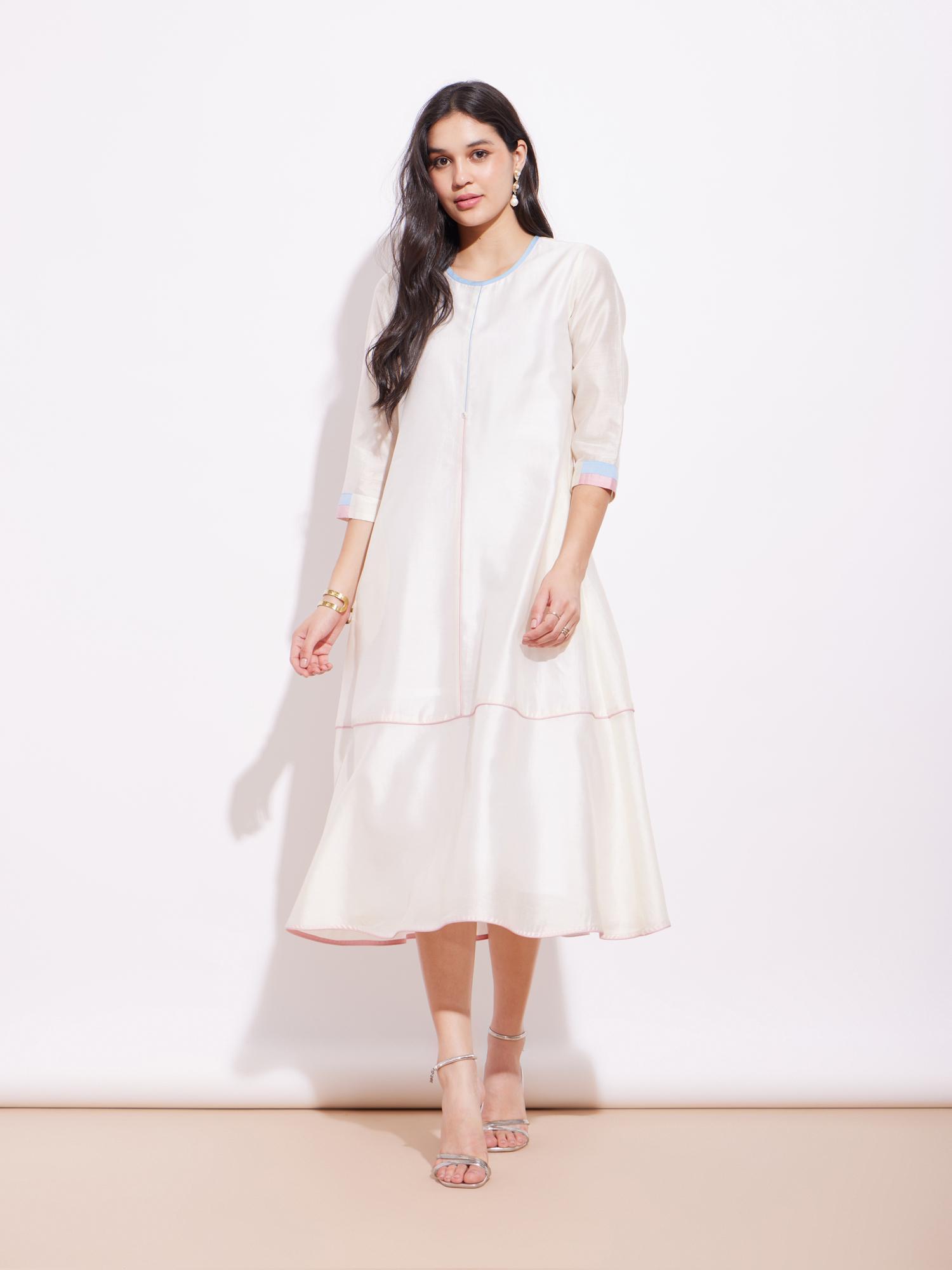 chanderi solid a-line dress - off-white