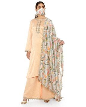 chanderi stripe kurta & palazzos with handpaint silkmul dupatta with matching structured 3-ply mask