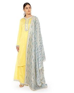 chanderi stripe kurta & palazzos with ikat silkmul dupatta with matching structured 3-ply mask