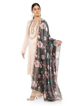 chanderi stripe kurta & palazzos with silkmul dupatta with matching structured 3-ply mask