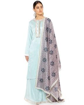 chanderi stripe kurta with palazzos & silkmul dupatta with matching structured 3-ply mask