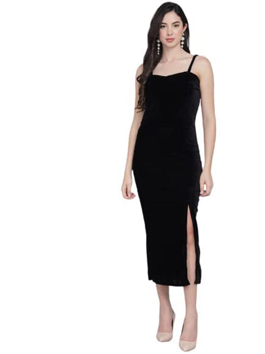 chanderkash black woollen velvet bodycon midi dress