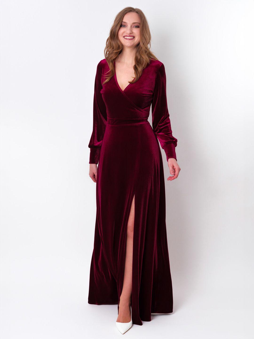 chanderkash maroon woollen velvet maxi dress