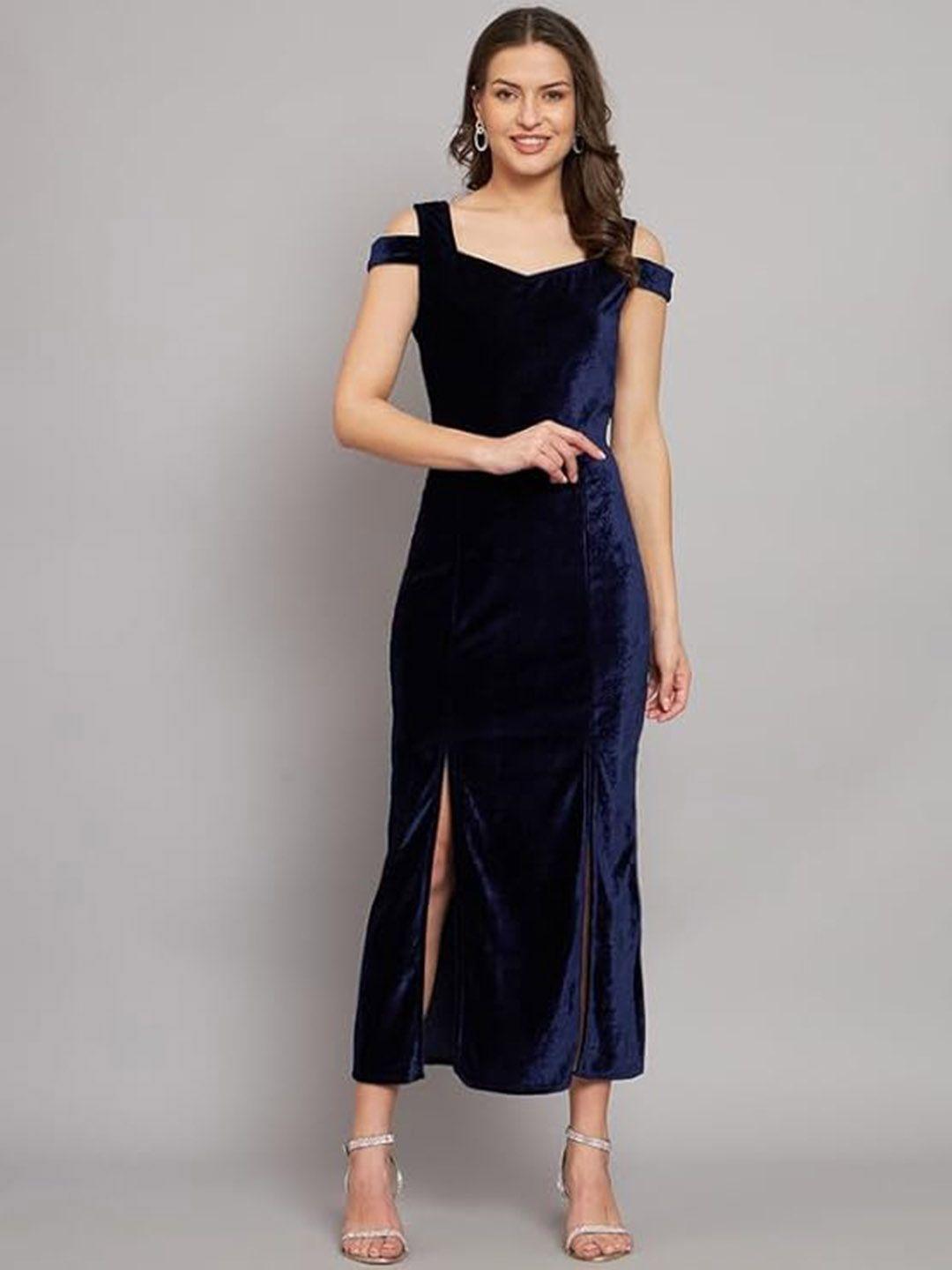 chanderkash navy blue cold-shoulder woollen velvet maxi dress