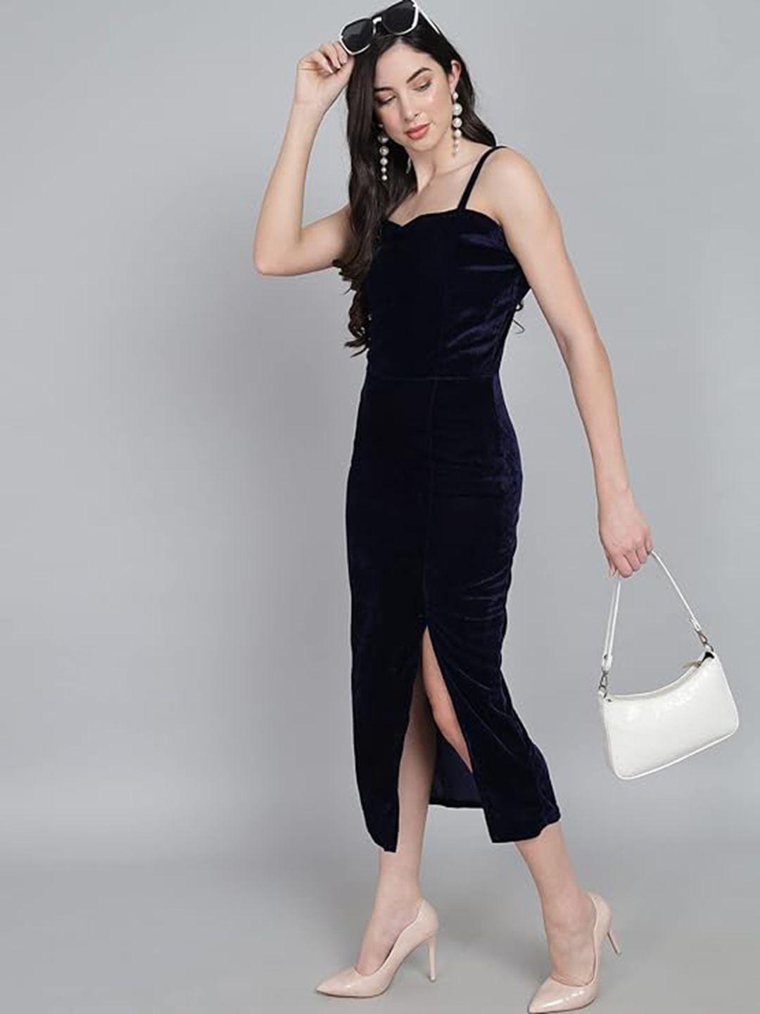 chanderkash navy blue woollen velvet sheath midi dress