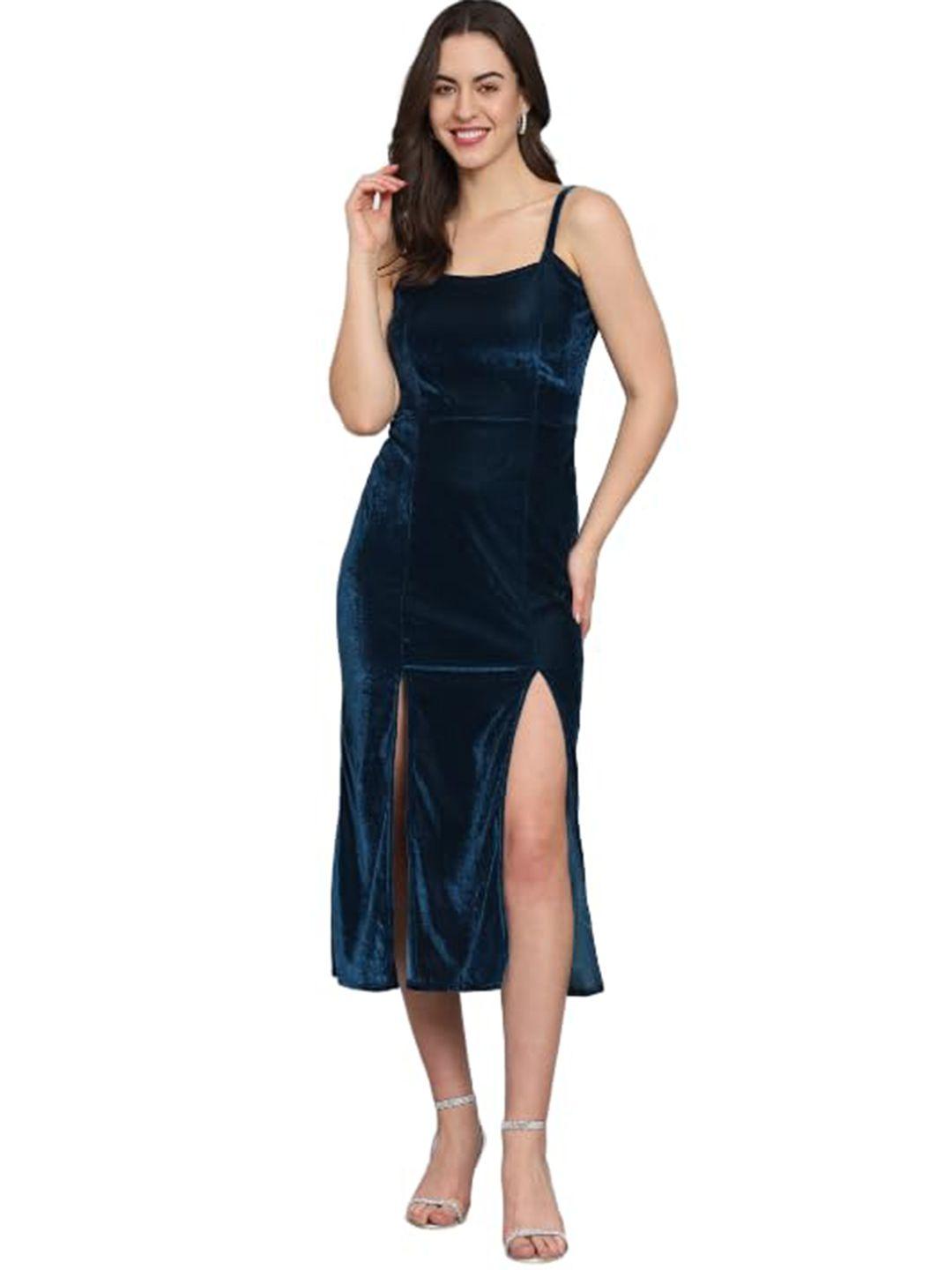 chanderkash navy blue woollen velvet sheath midi dress