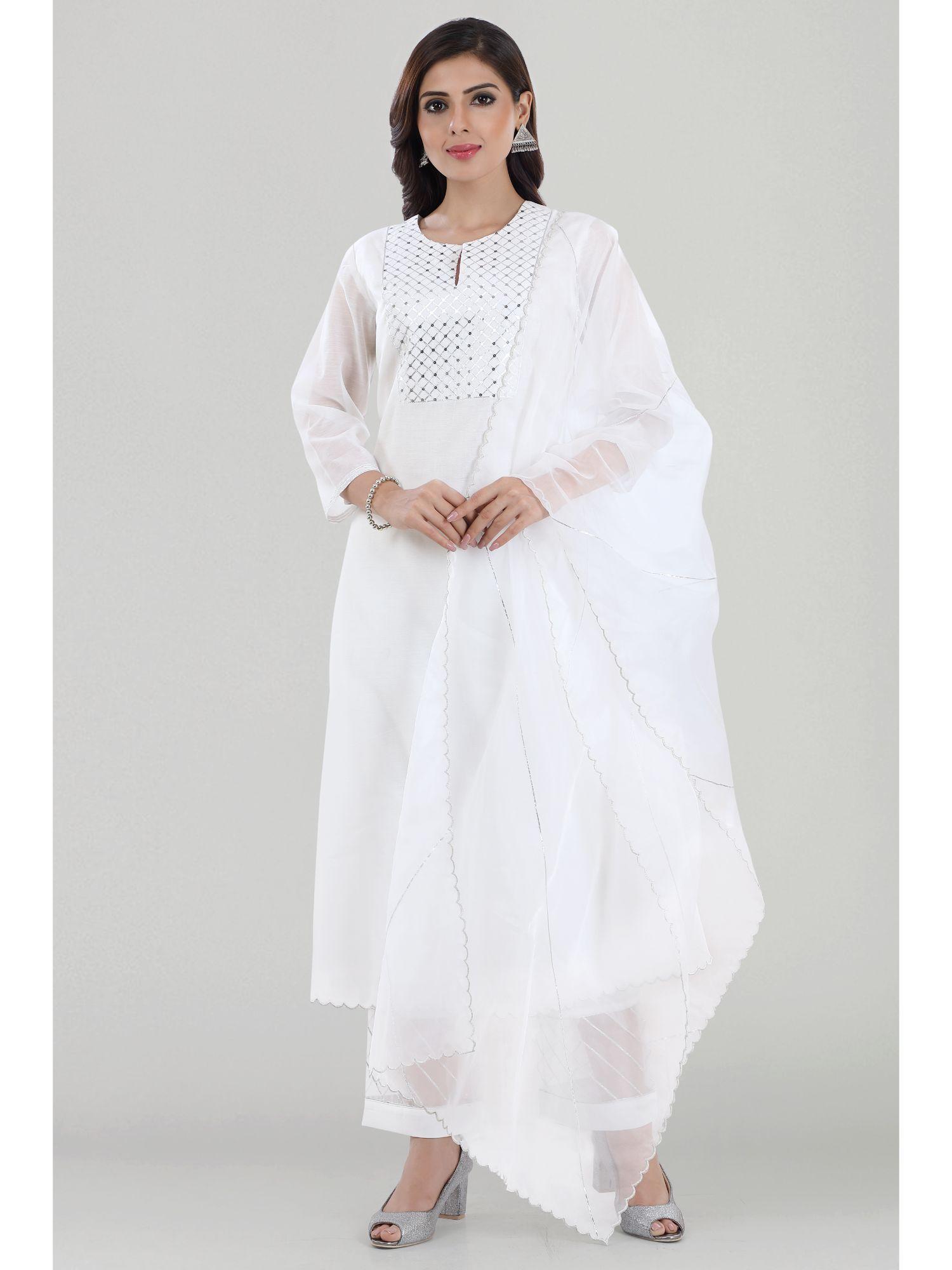 chandi white gota embroidered chanderi kurta with pants and dupatta (set of 3)