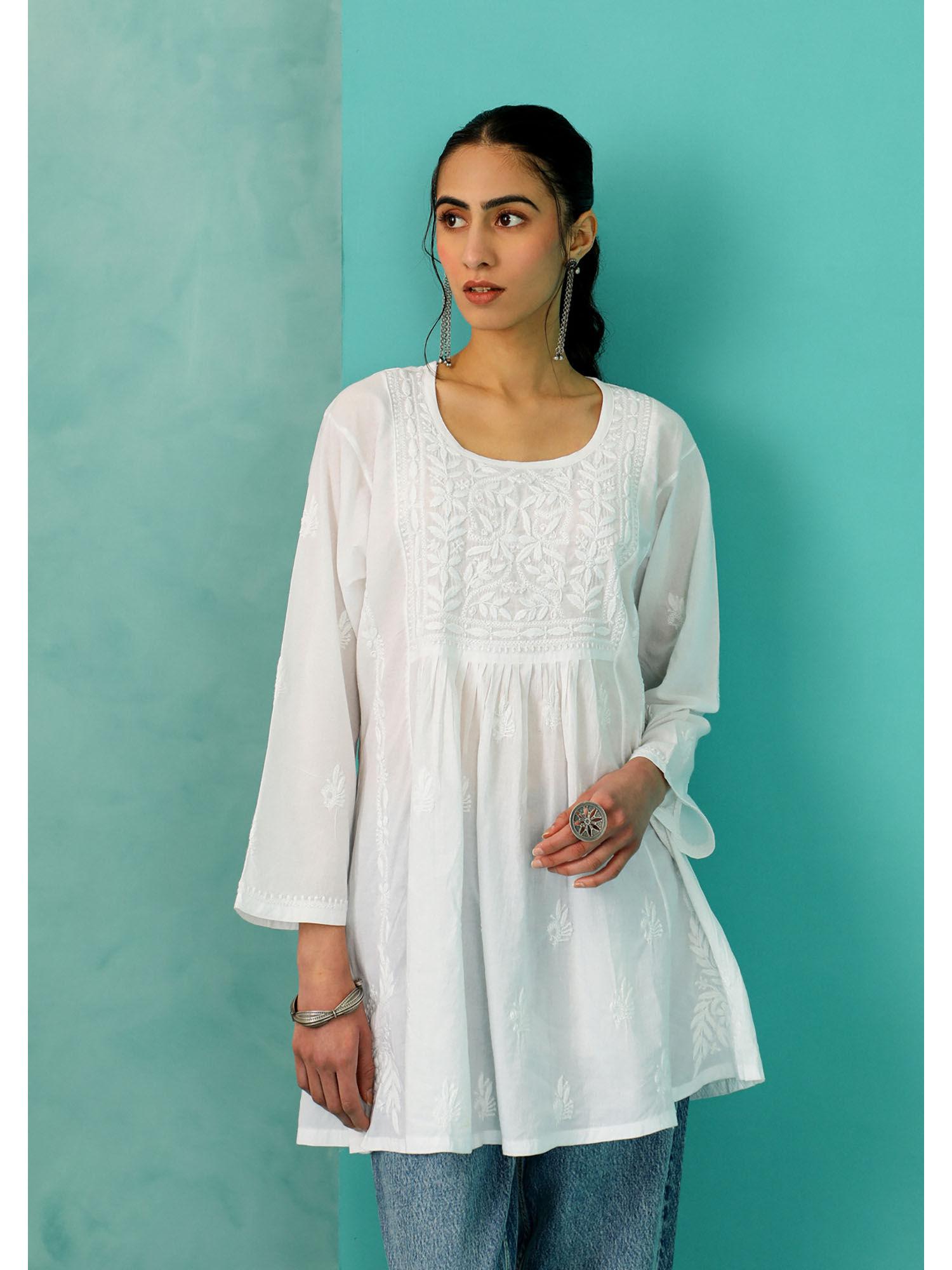 chandni chikankari cotton a-line white kurti