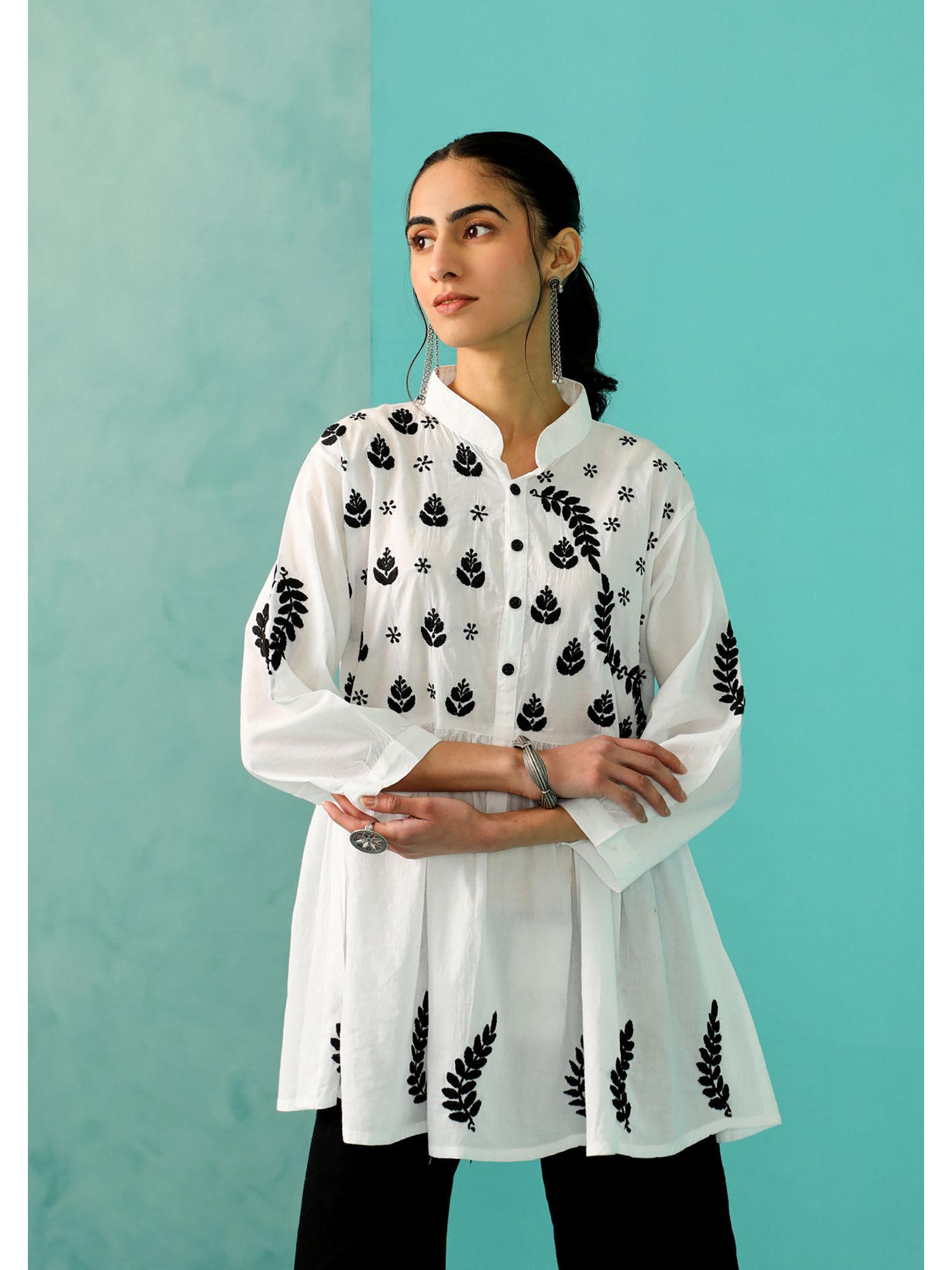 chandni chikankari cotton a-line white kurti