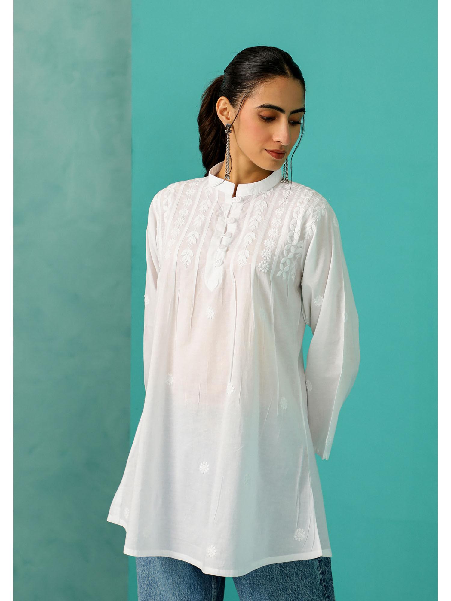 chandni chikankari cotton a-line white kurti