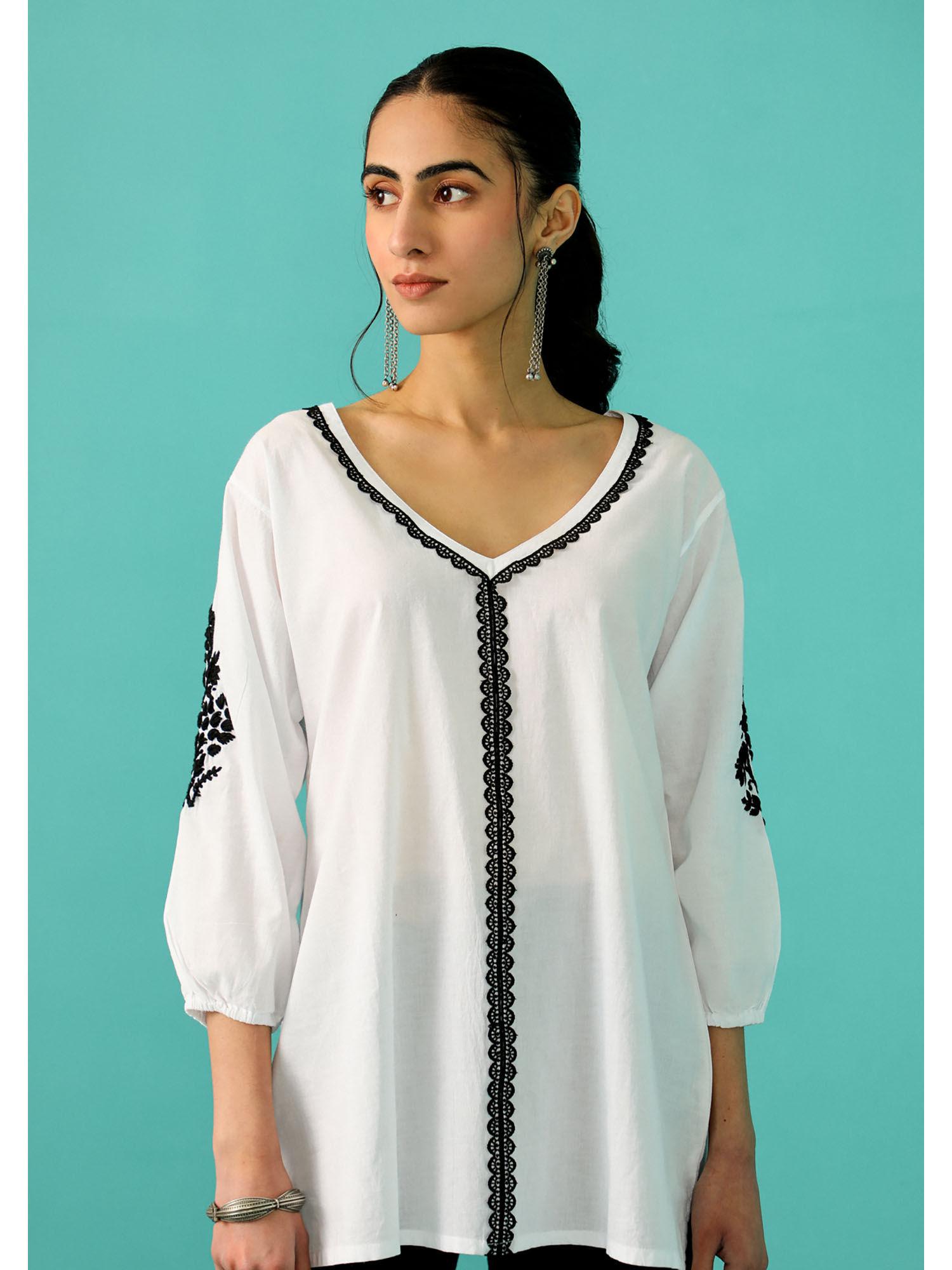 chandni chikankari cotton a-line white kurti