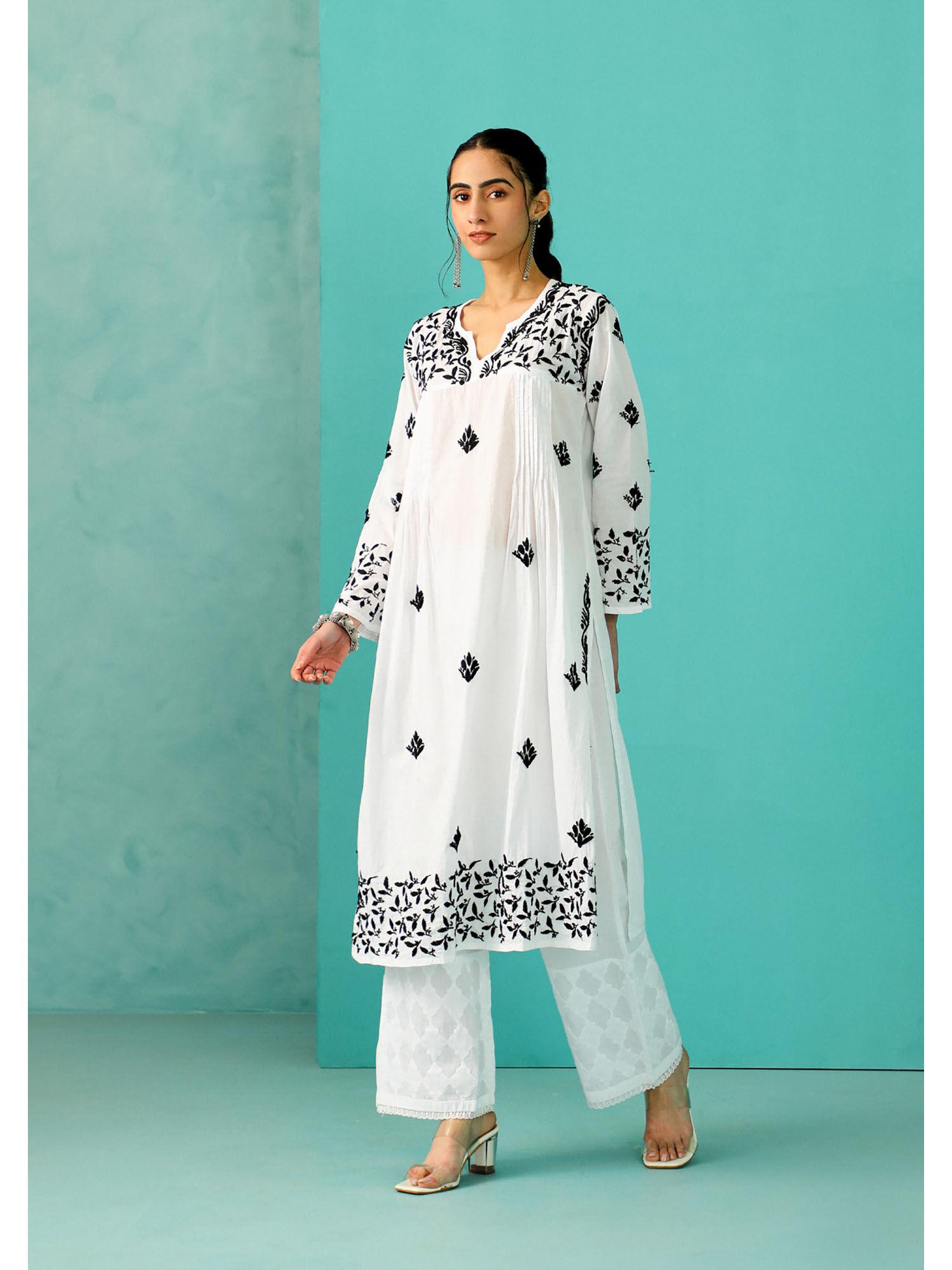 chandni chikankari cotton straight white kurta