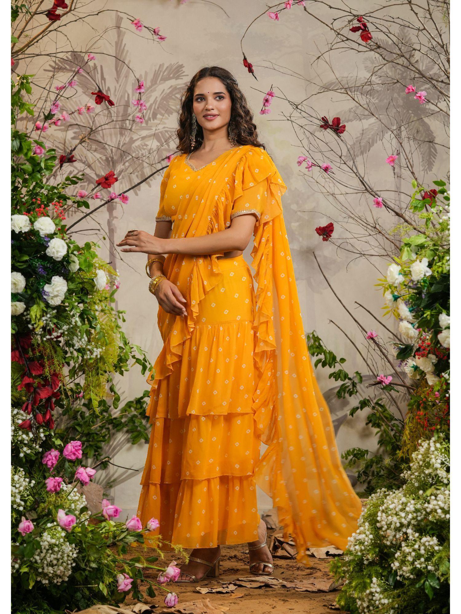 chandni yellow bandhej pre-draped saree with stitched blouse
