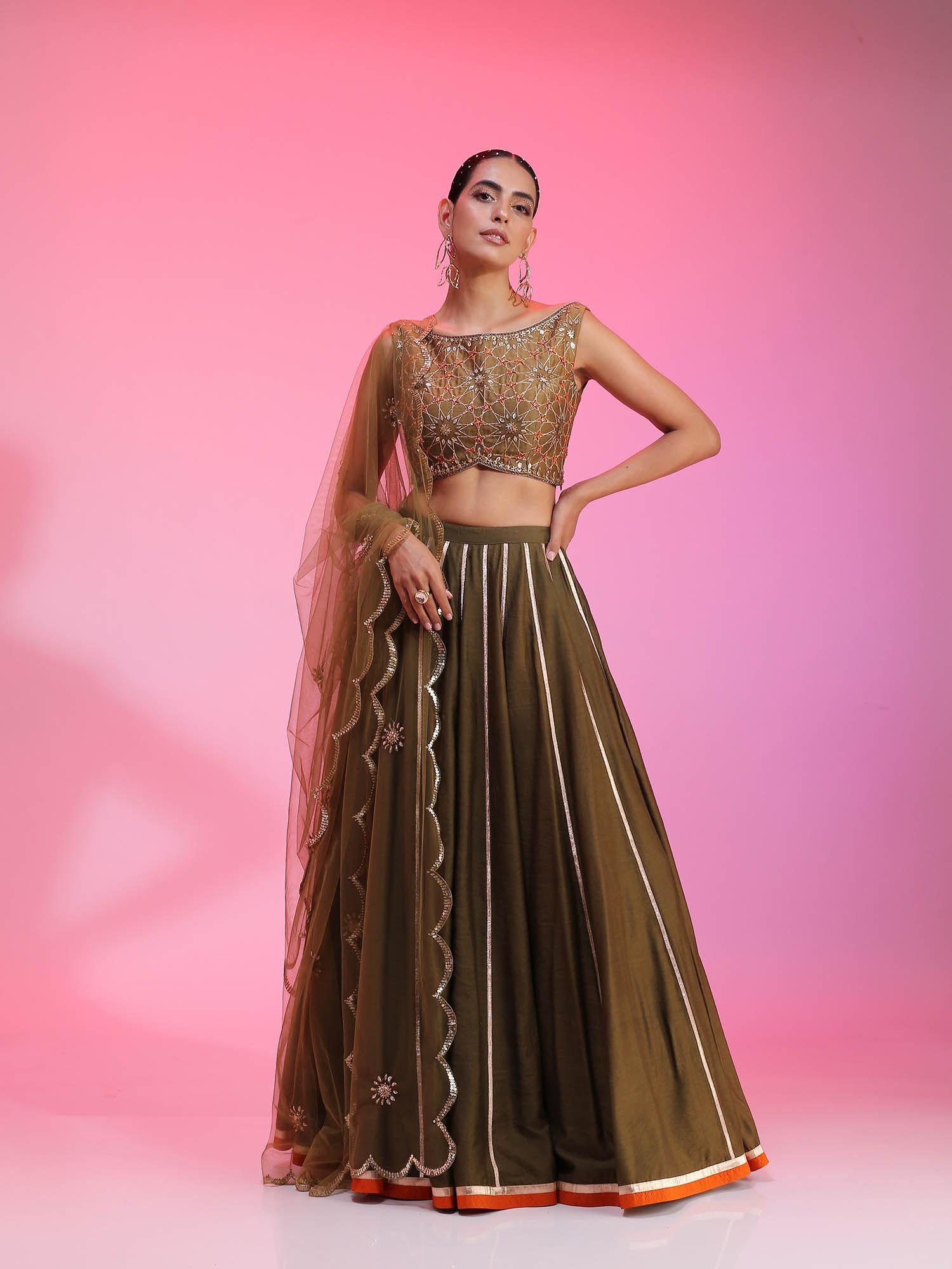 chandniya-ol olive classic lehenga with choli & dupatta (set of 3)