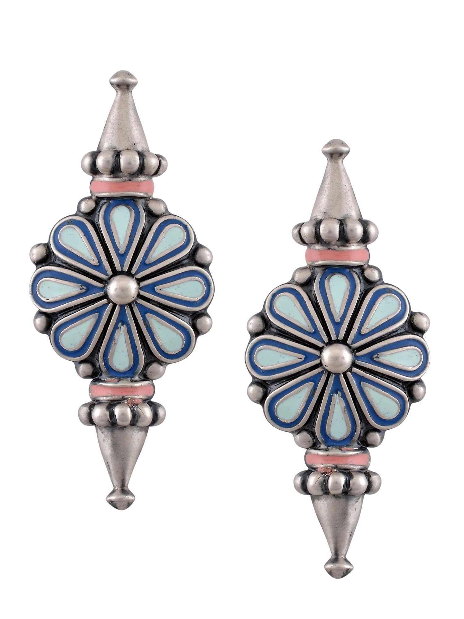 chandrika blue enamel flower ear studs with spikes