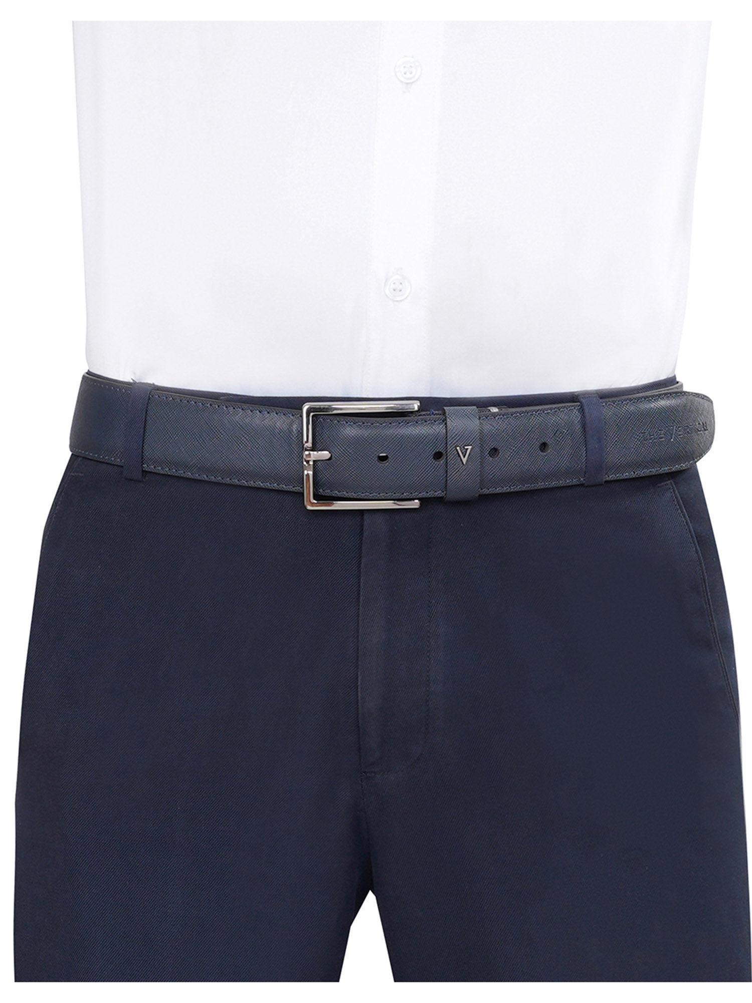 chania men leather non reversible belt - navy blue